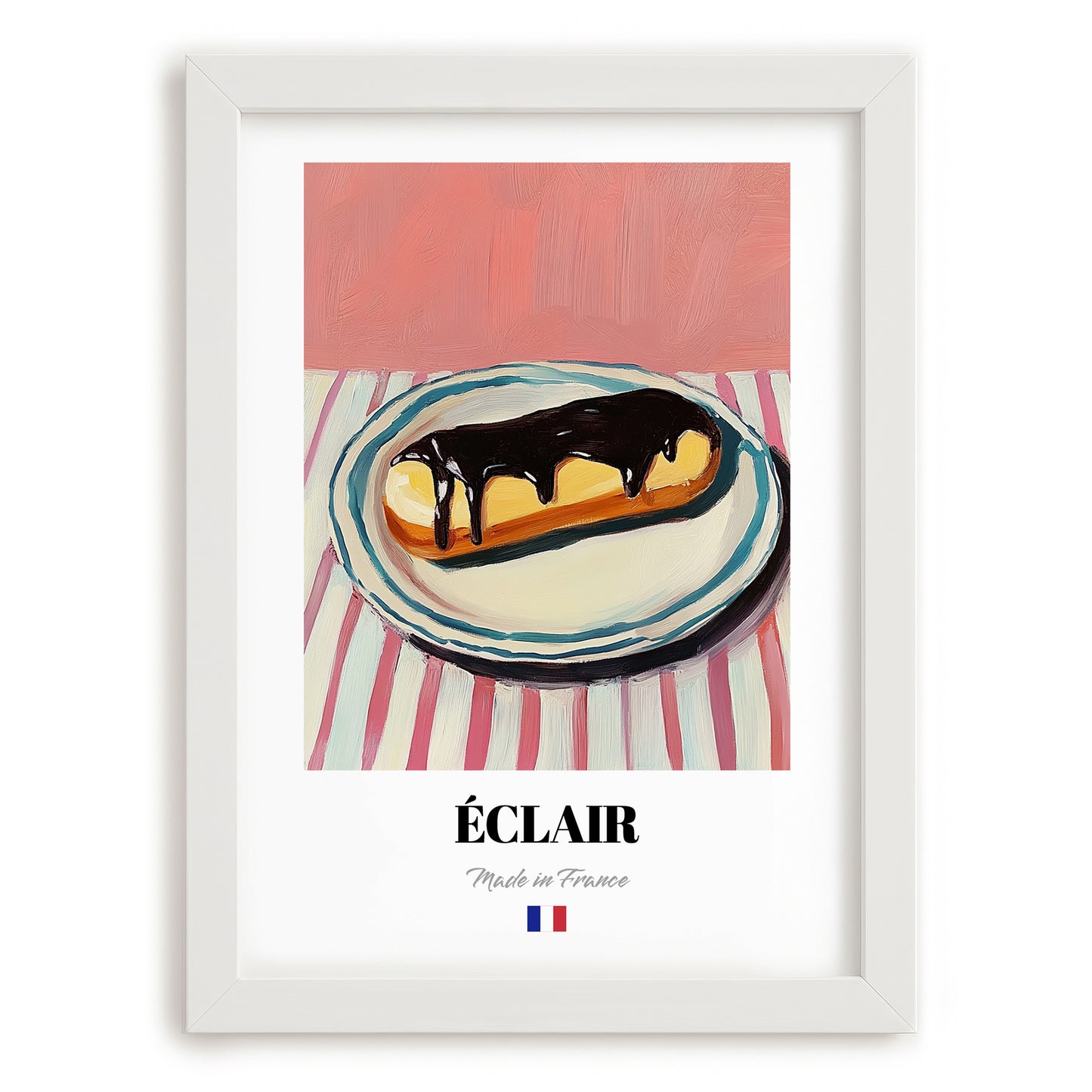 Éclair – on Striped Tablecloth, French French Pastry Still Life, placed in minimal white frame