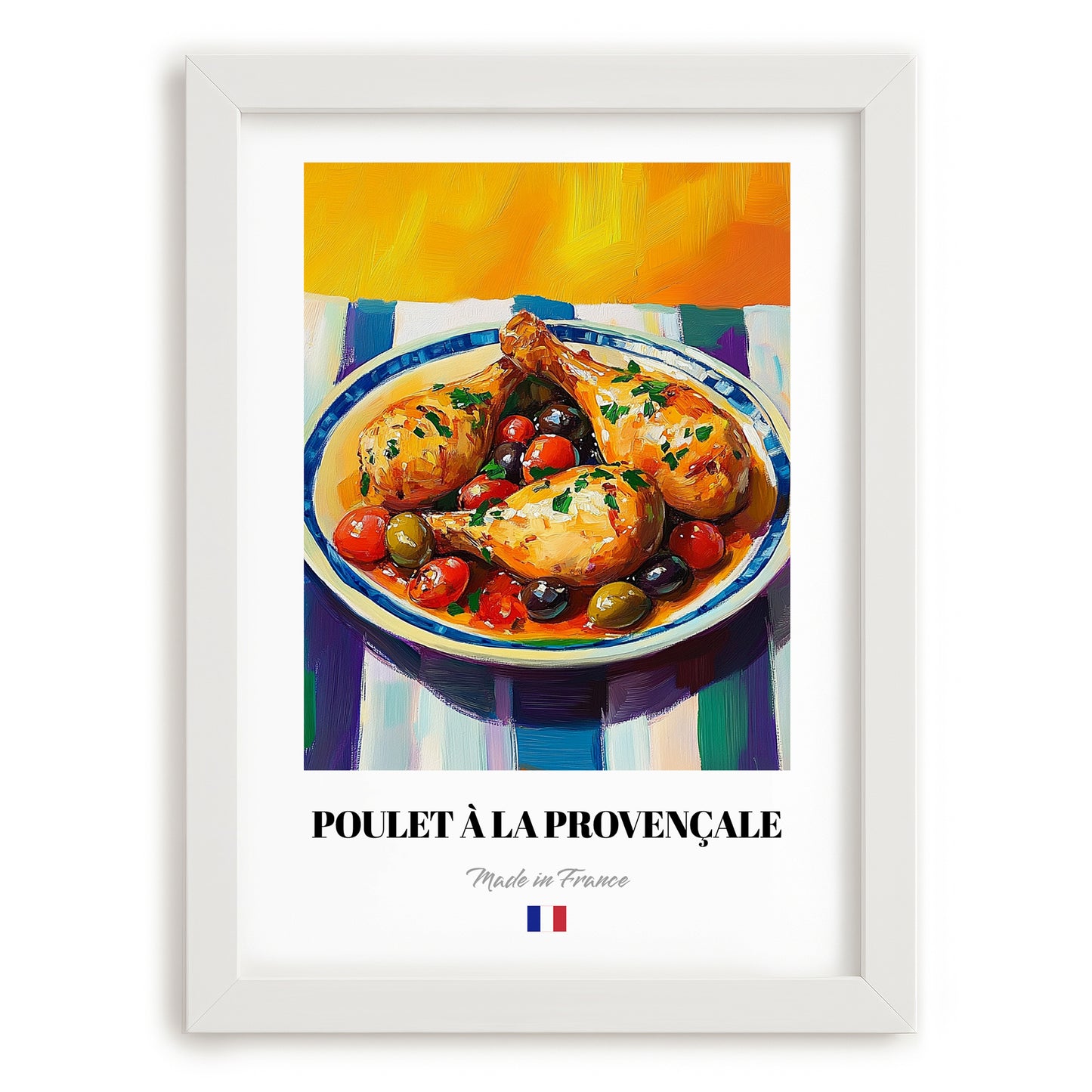 Poulet à la Provençale – Colorful Oil Painting, French Food Painting, placed in minimal white frame