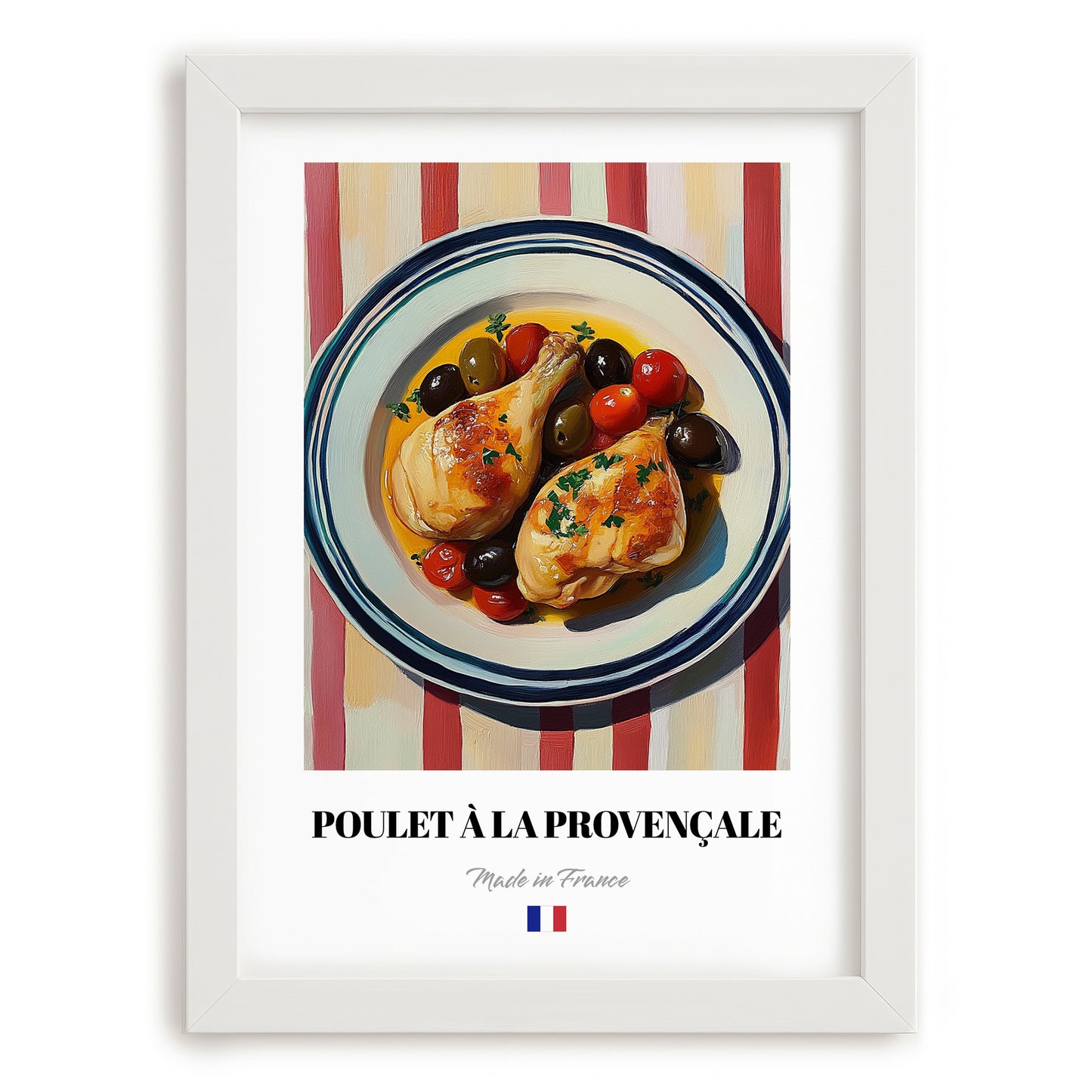 Poulet à la Provençale – on Striped Tablecloth, French Food Print, placed in minimal white frame