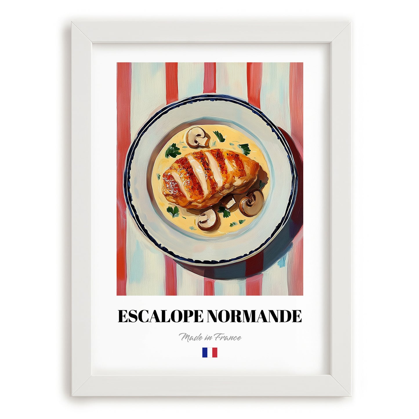 Escalope Normande – on Striped Tablecloth, French Food Illustration, placed in minimal white frame