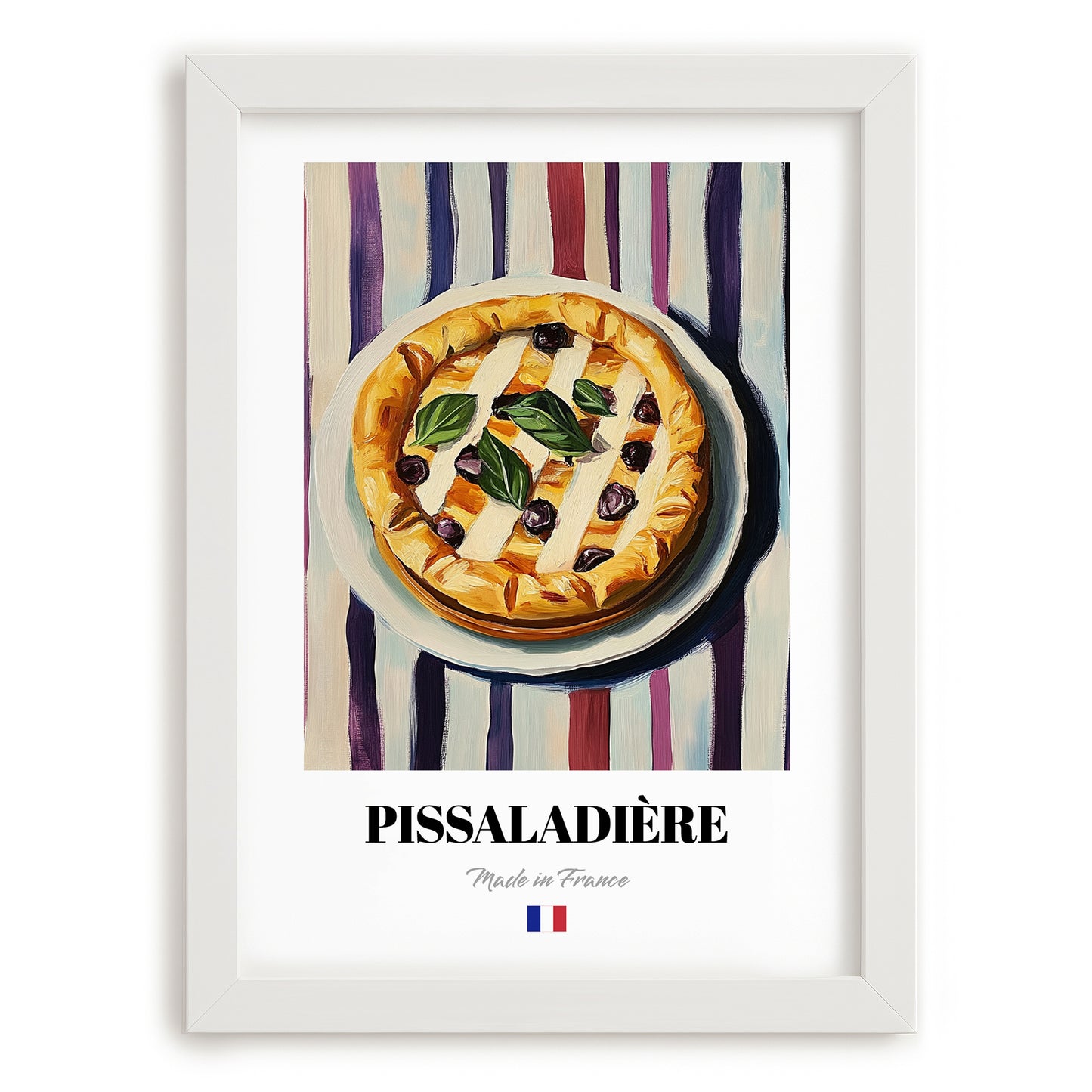 Pissaladière – on Striped Tablecloth, French Food Print, placed in minimal white frame