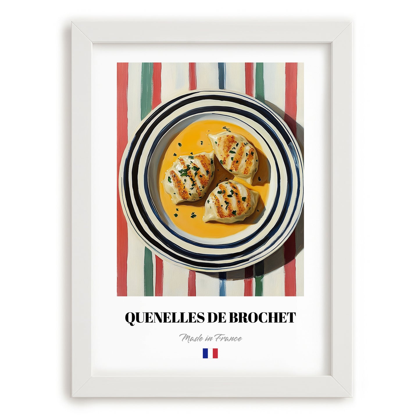Quenelles de Brochet – on Striped Tablecloth, French Food Painting, placed in minimal white frame