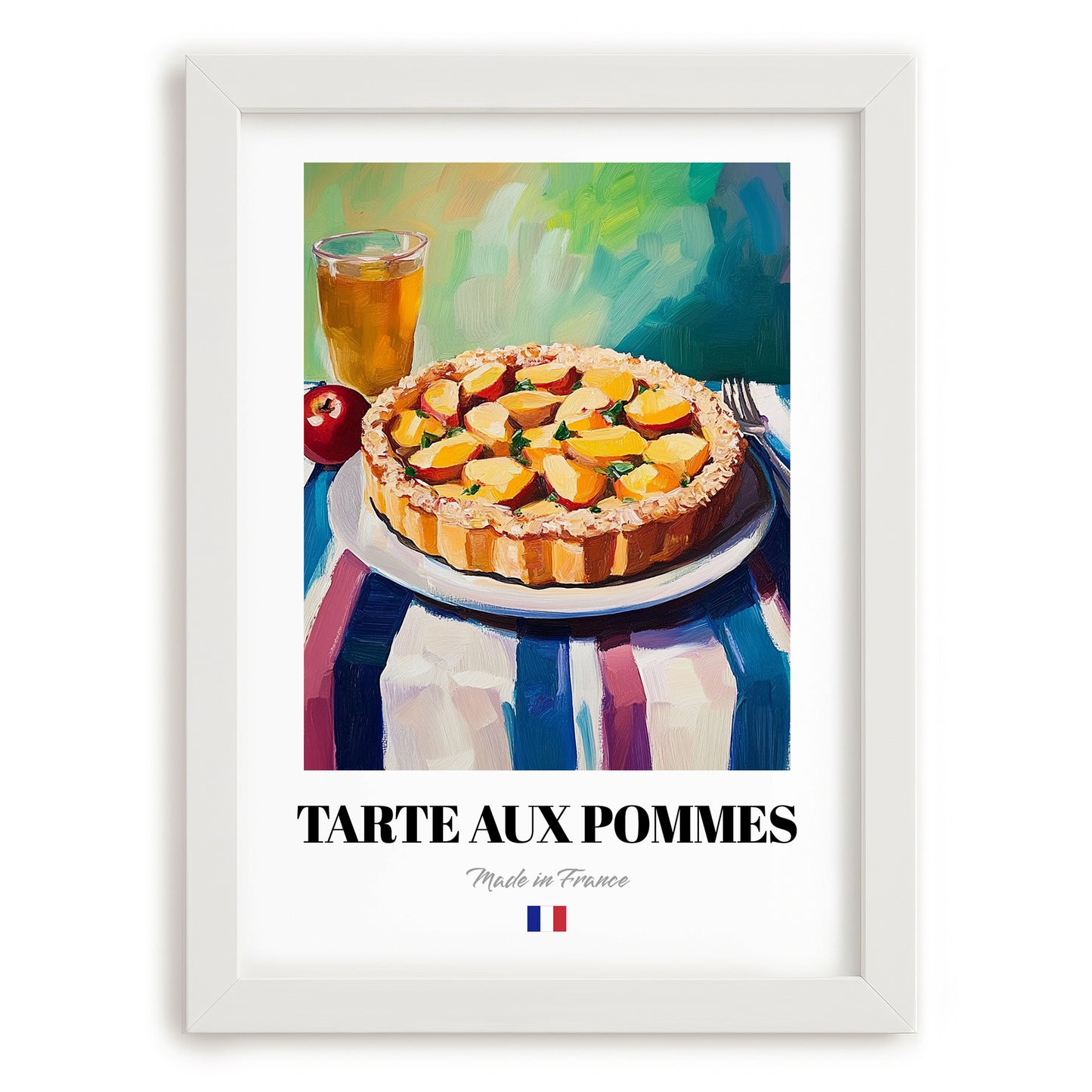 Tarte aux Pommes – Colorful Oil Painting, French French Dessert Illustration, placed in minimal white frame