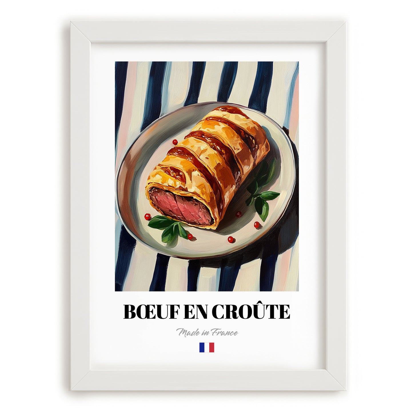Bœuf en Croûte – on Striped Tablecloth, French Food Art, placed in minimal white frame