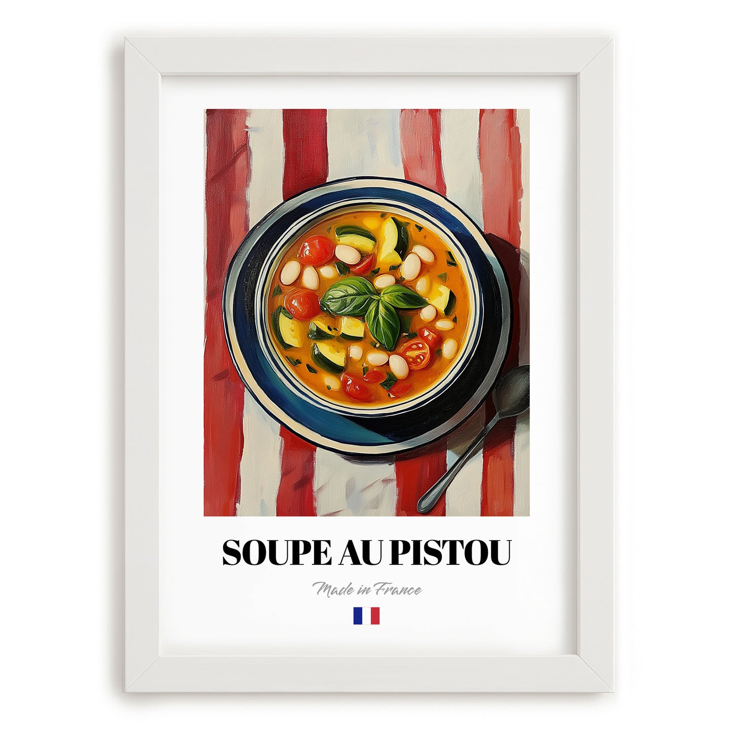 Soupe au Pistou – on Striped Tablecloth, French Food Illustration, placed in minimal white frame