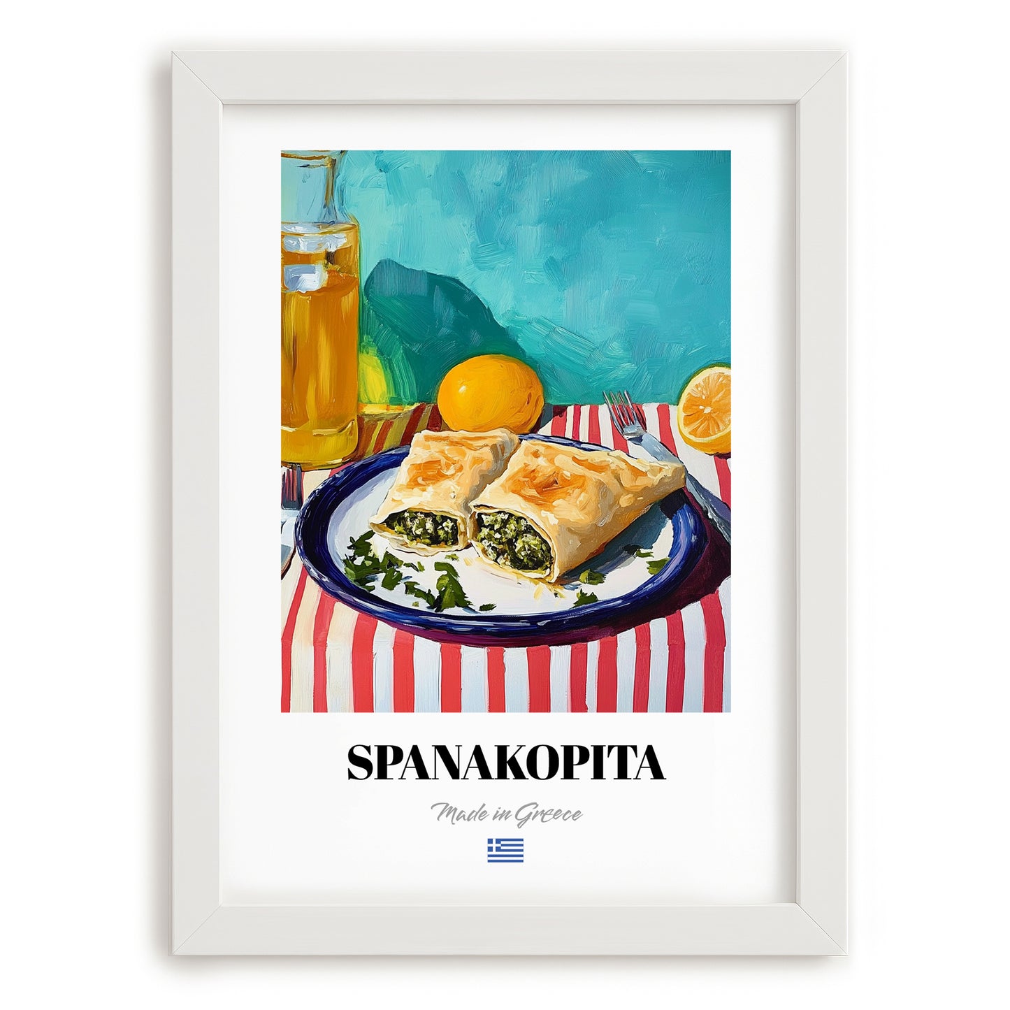 Spanakopita – Oil Painting, Greek Pastry Wall Decor, placed in minimal white frame