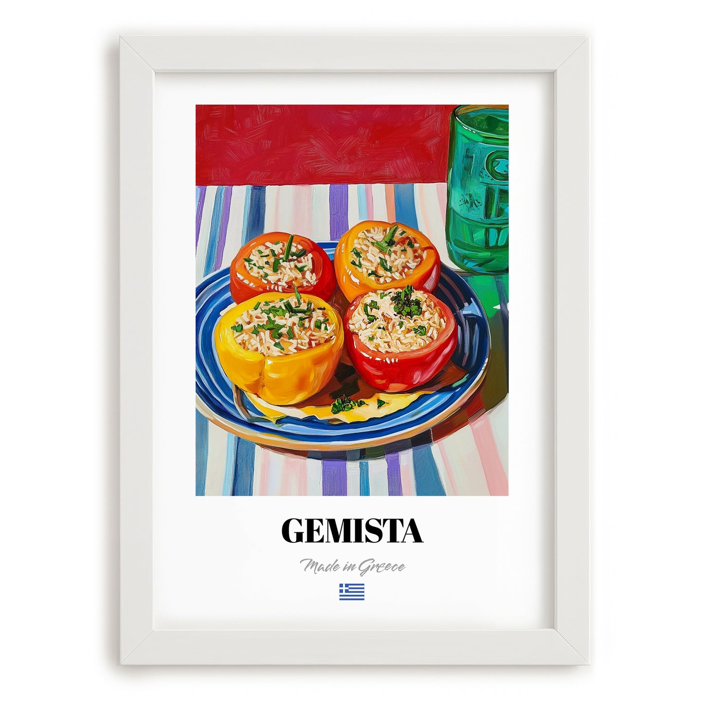 Gemista – Oil Painting, Greek Food Wall Art, placed in minimal white frame