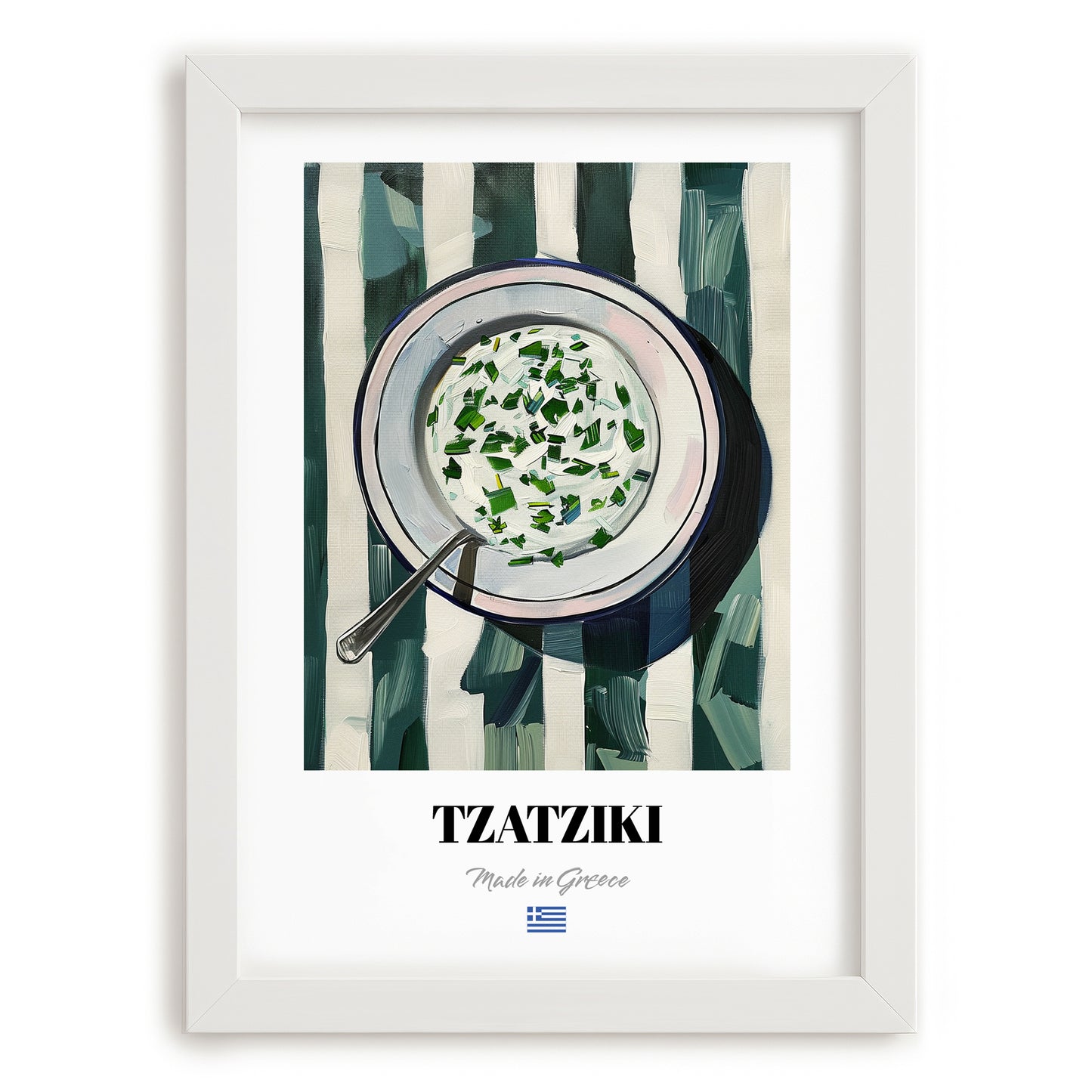 Tzatziki – on Striped Tablecloth, Greek Food Wall Illustration, placed in minimal white frame