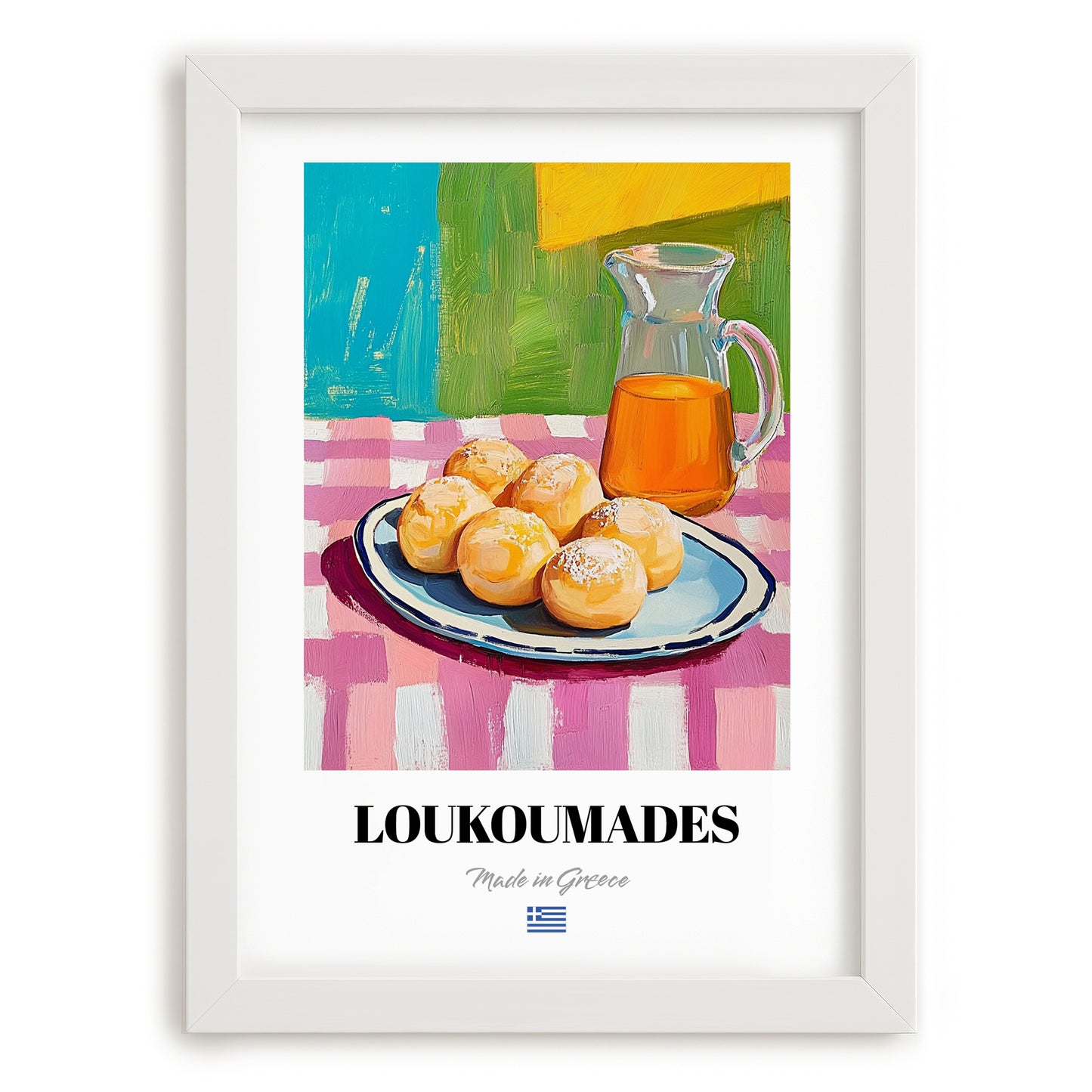 Loukoumades – Art, Greek Dessert Wall Decor, placed in minimal white frame