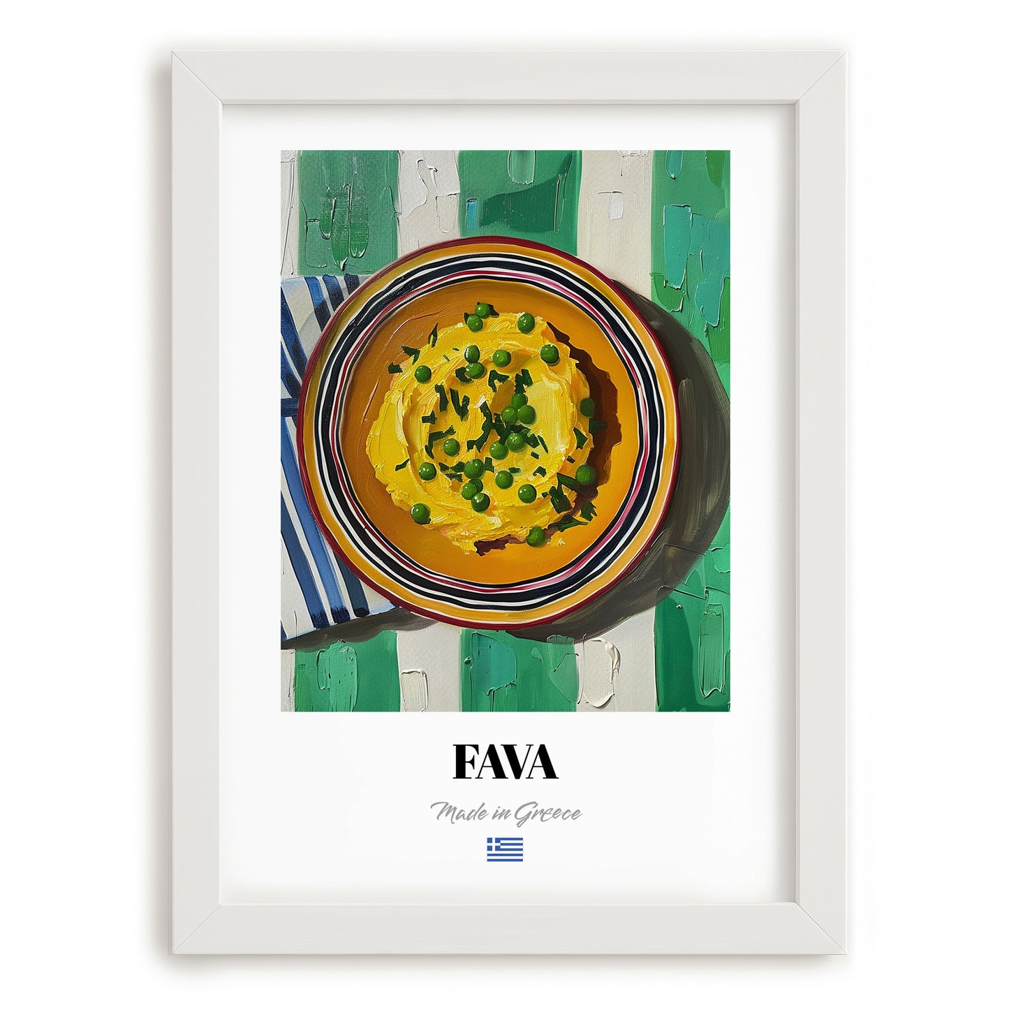 Fava – on Striped Tablecloth, Greek Food Wall Decor, placed in minimal white frame