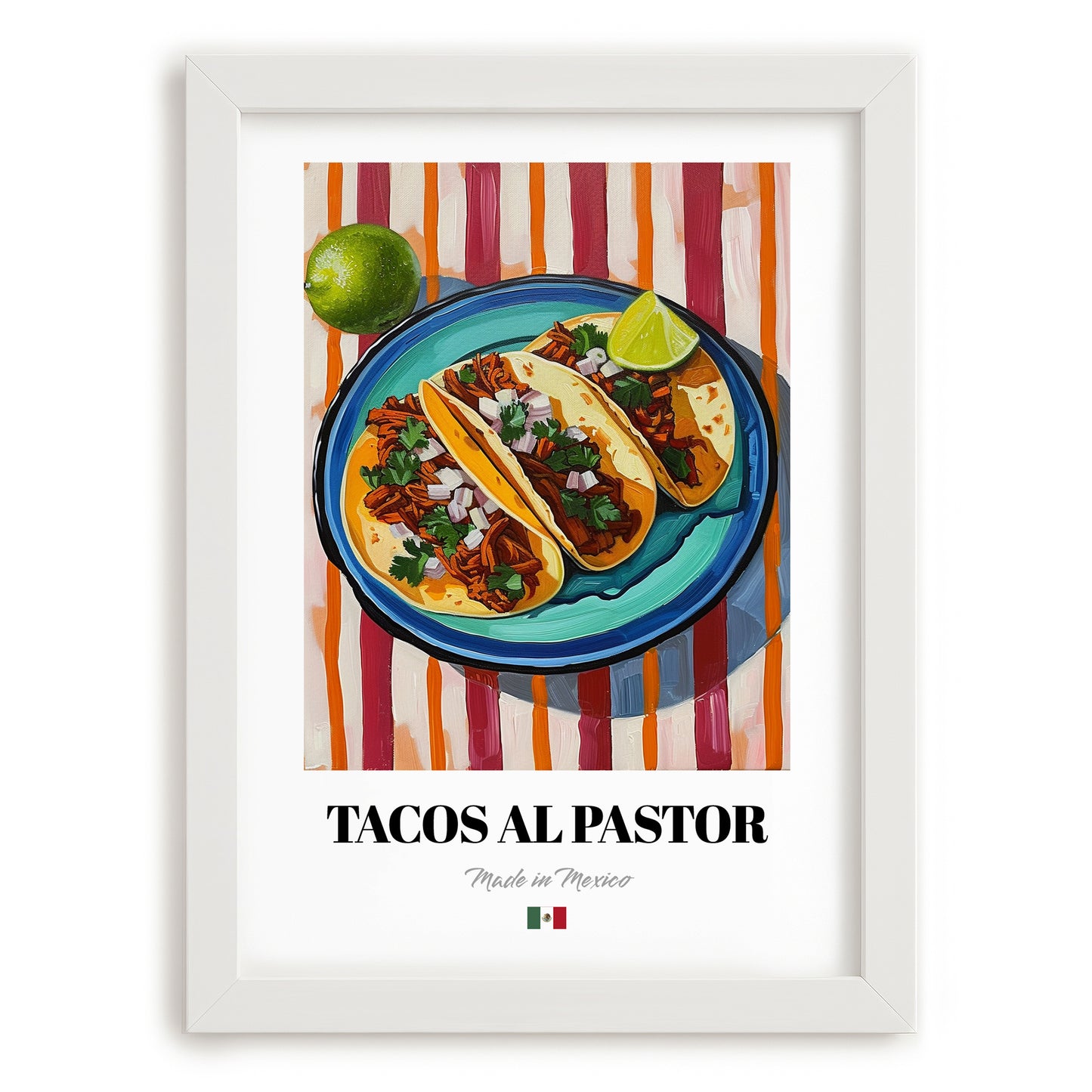 Tacos al Pastor – on Striped Tablecloth, Mexican Food Illustration, placed in minimal white frame