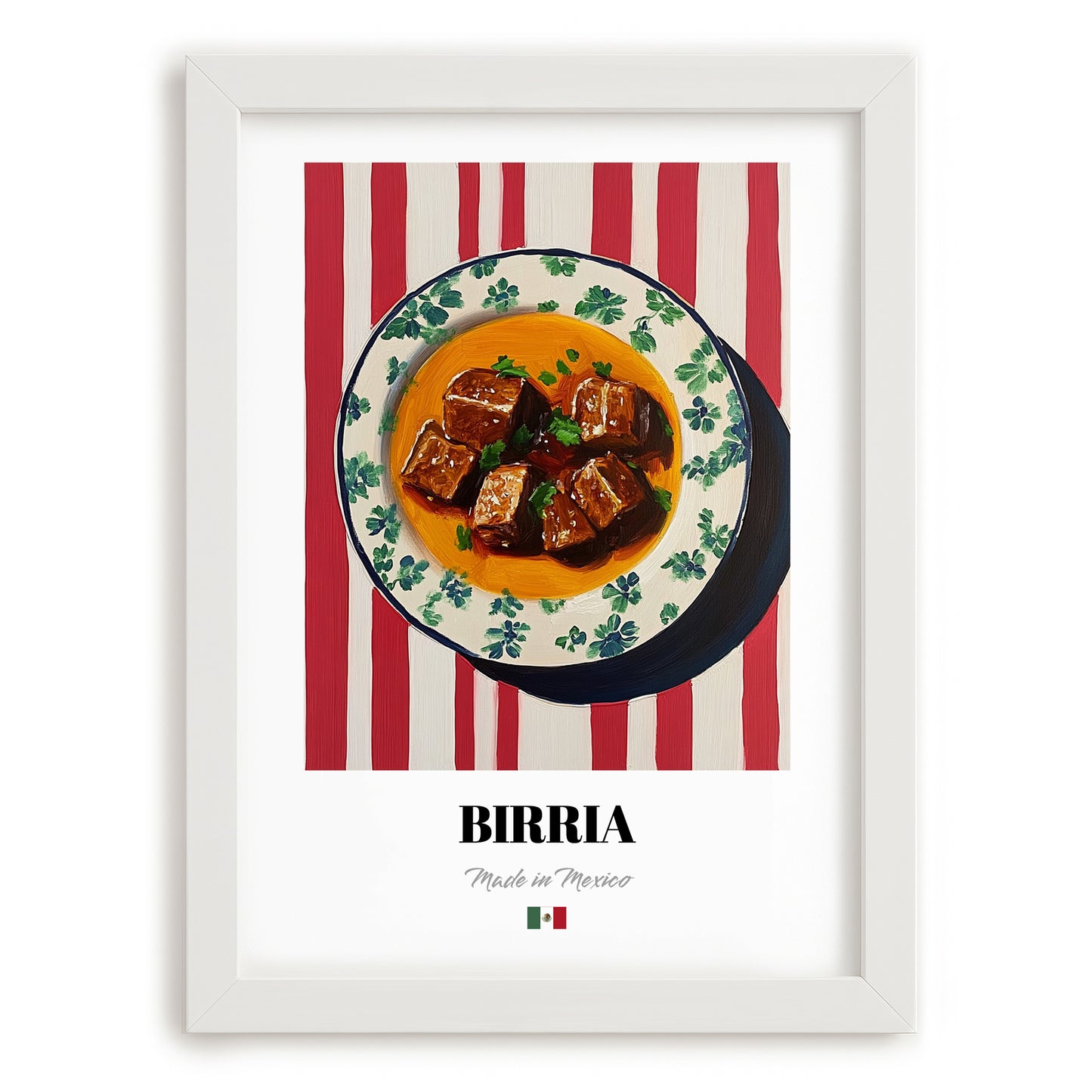 Birria – on Striped Tablecloth, Mexican Food Wall Decor, placed in minimal white frame
