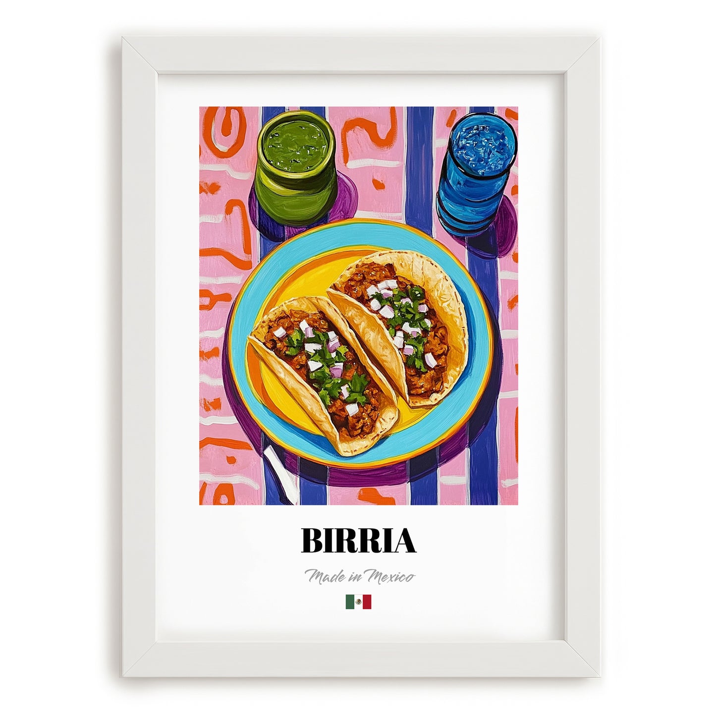 Birria – Colorful Oil Painting, Mexican Food Wall Decor, placed in minimal white frame