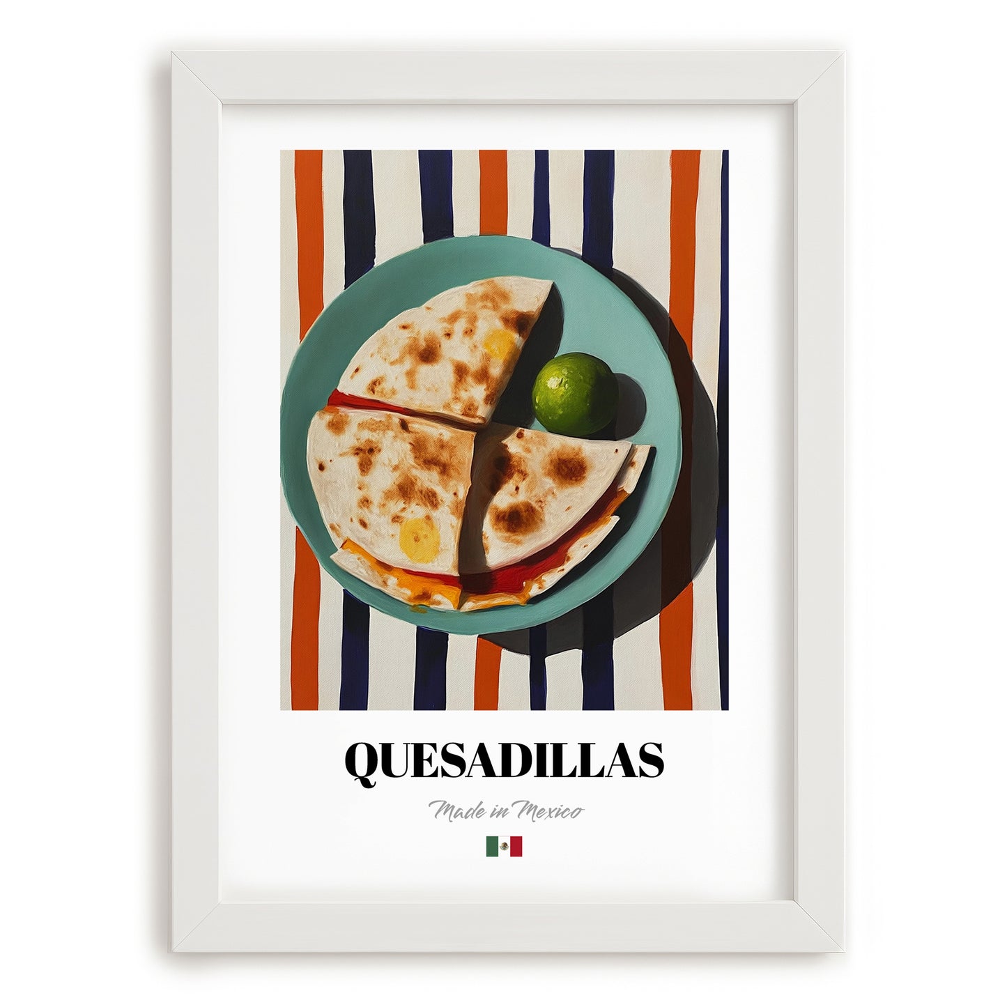 Quesadillas – on Striped Tablecloth, Mexican Cheese Wall Art, placed in minimal white frame