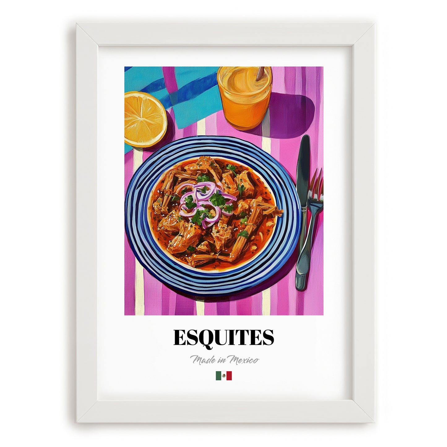 Esquites – Colorful Oil Painting, Mexican Food Wall Art, placed in minimal white frame