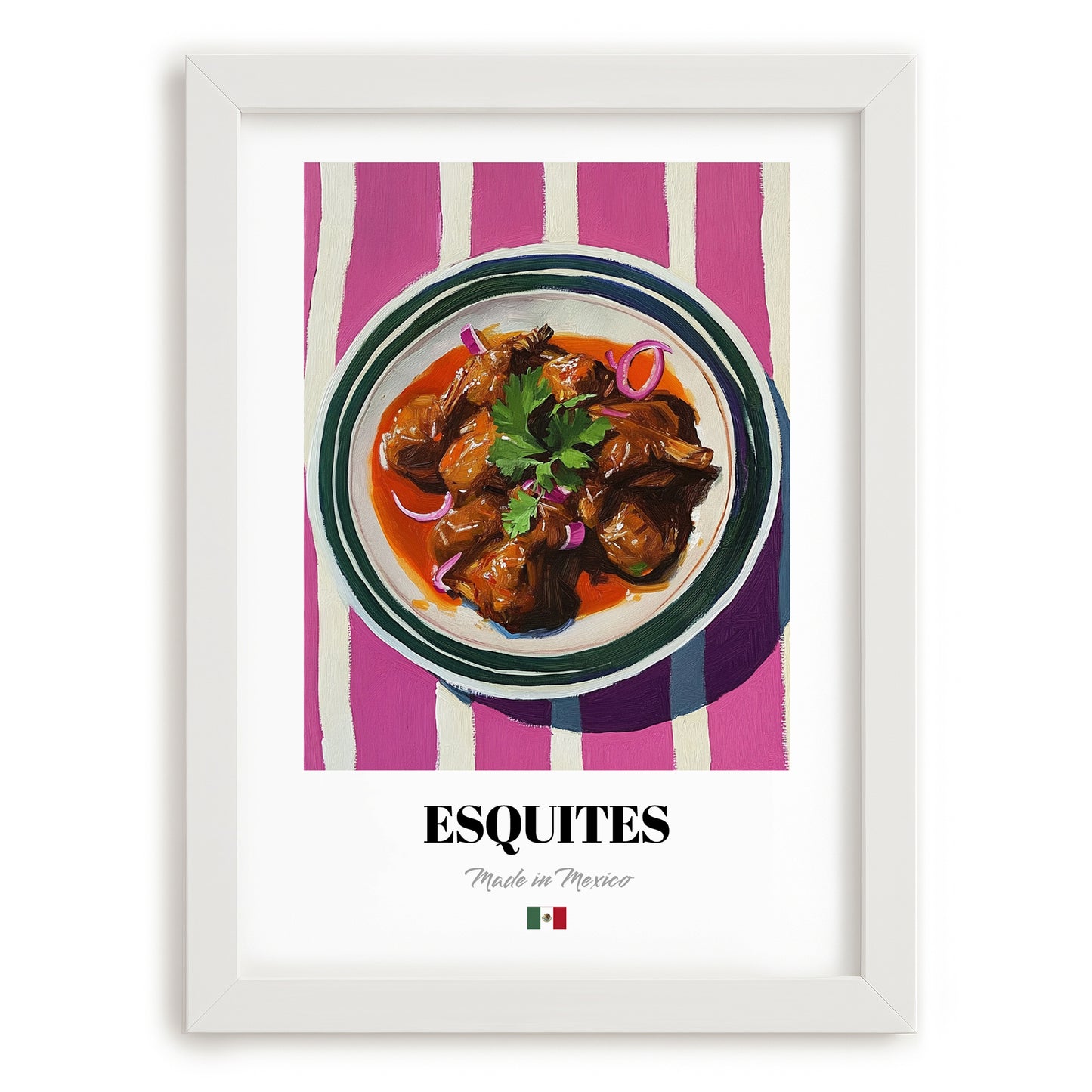 Esquites – on Striped Tablecloth, Mexican Food Print, placed in minimal white frame