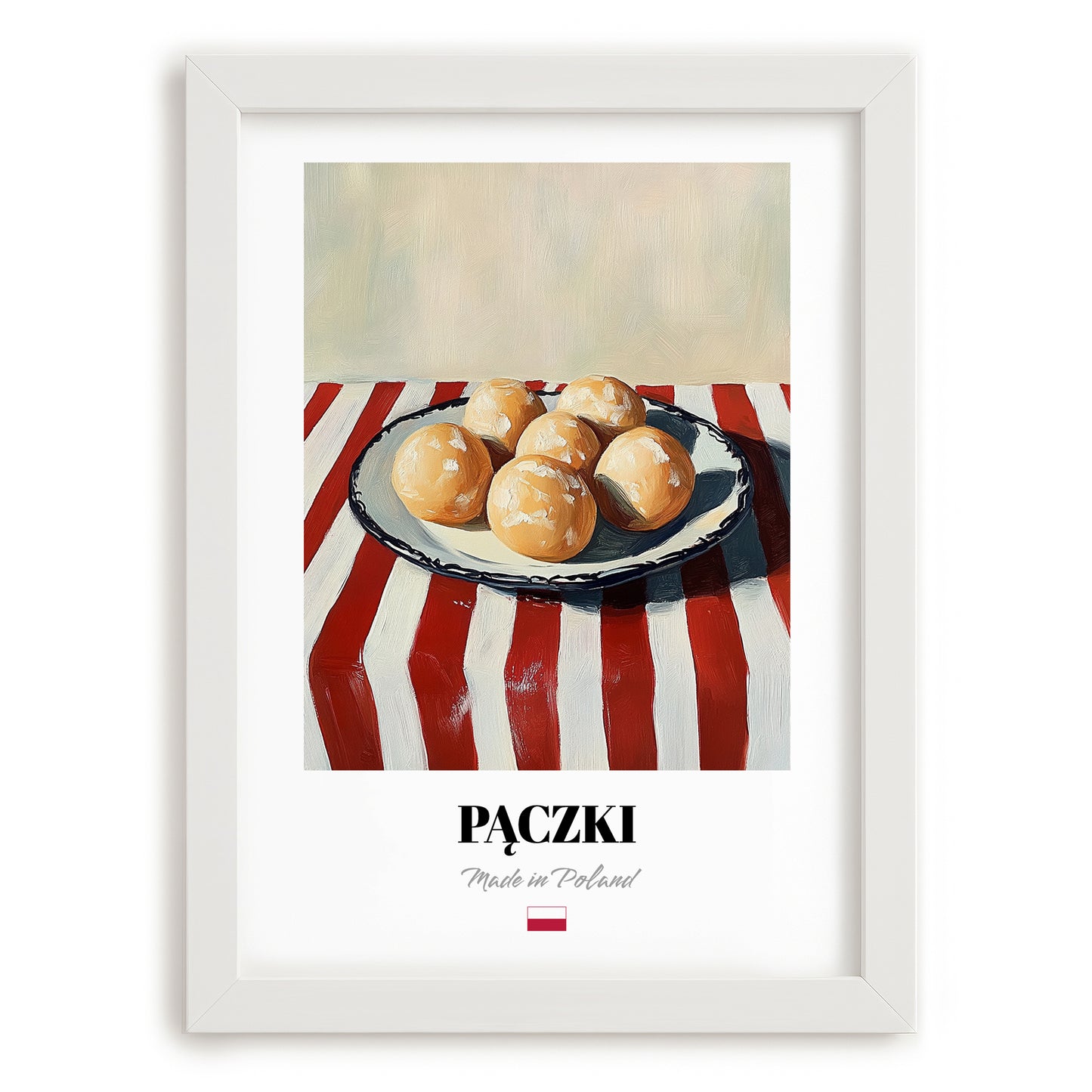 Pączki – on Striped Tablecloth, Polish Pastry Wall Decor, placed in minimal white frame