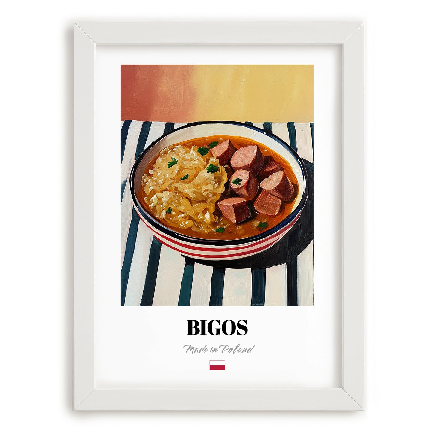 Bigos – on Striped Tablecloth, Polish Food Wall Decor, placed in minimal white frame