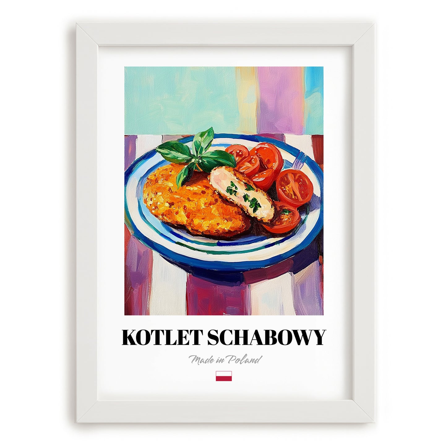 Kotlet Schabowy – Colorful Oil Painting, Polish Food Wall Decor, placed in minimal white frame