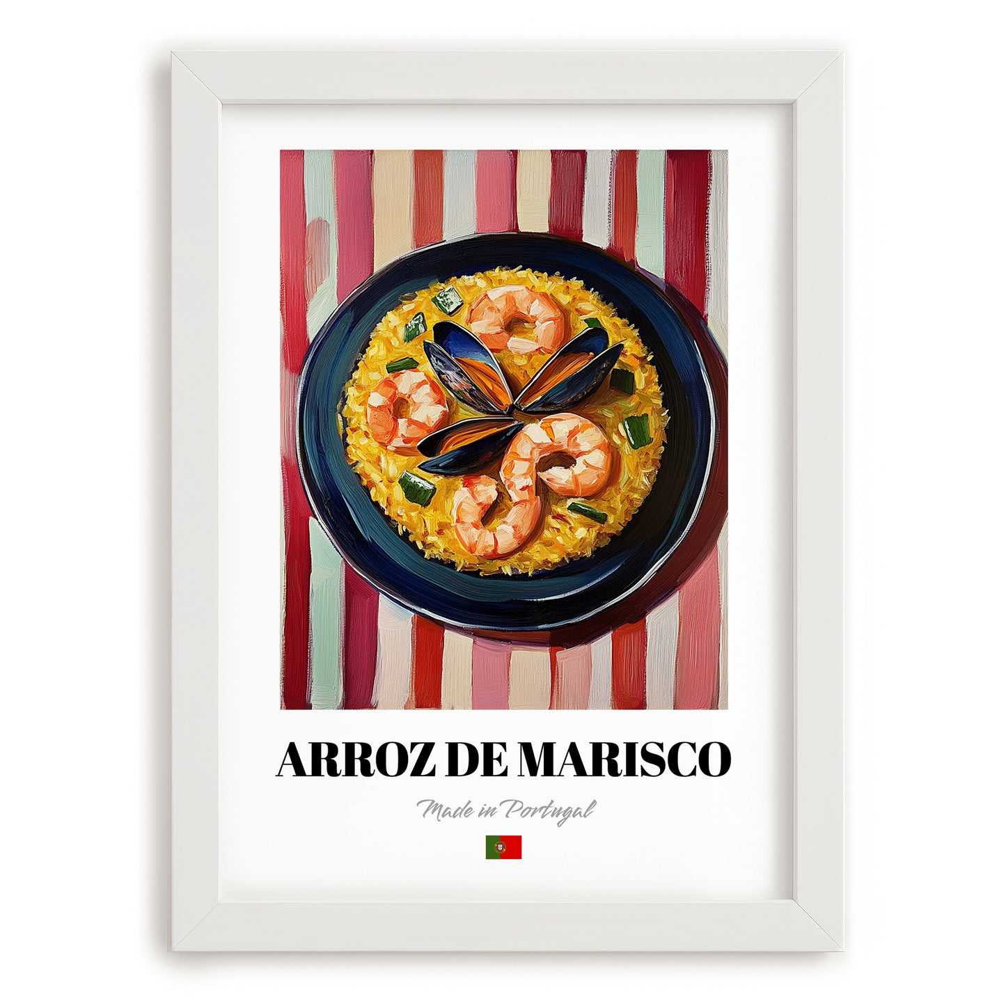 Arroz de Marisco – on Striped Tablecloth, Portuguese Food Wall Decor, placed in minimal white frame