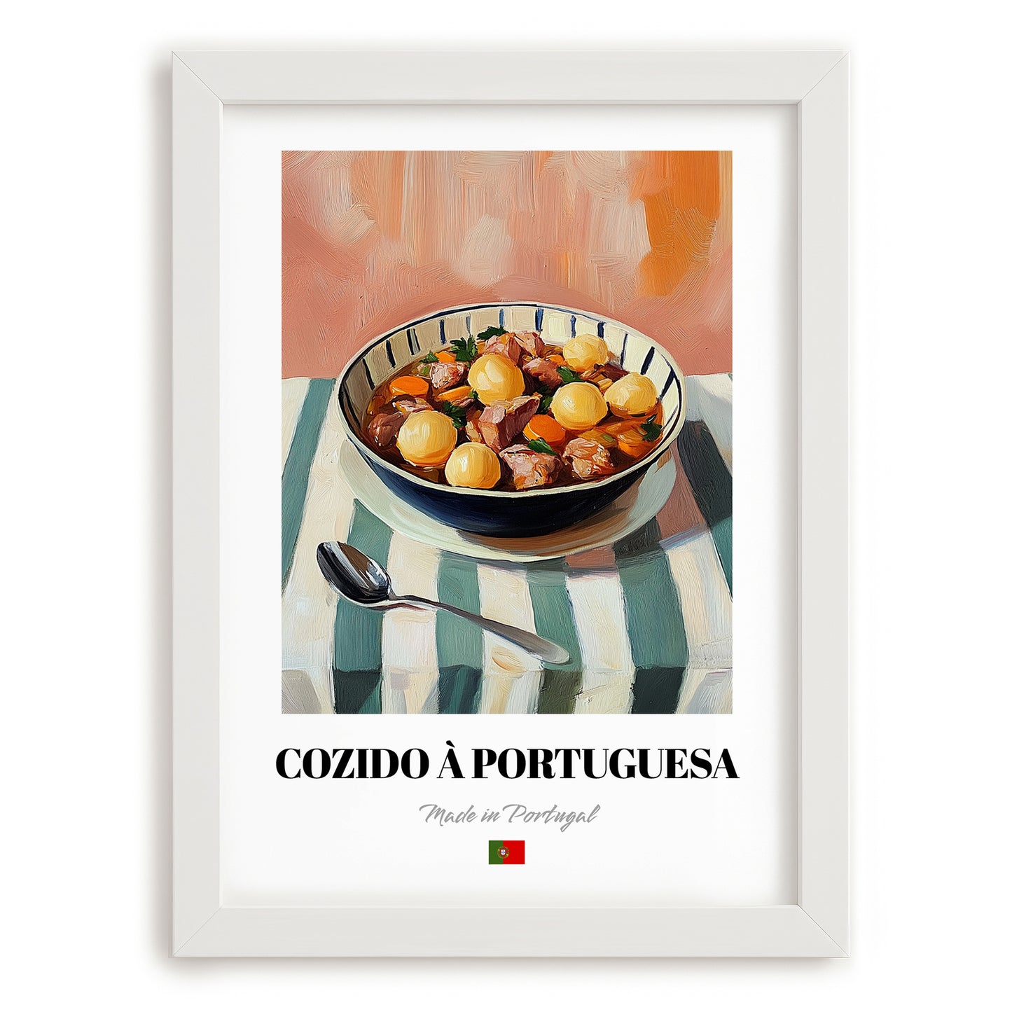 Cozido à Portuguesa – on Striped Tablecloth, Portuguese Food Wall Art, placed in minimal white frame