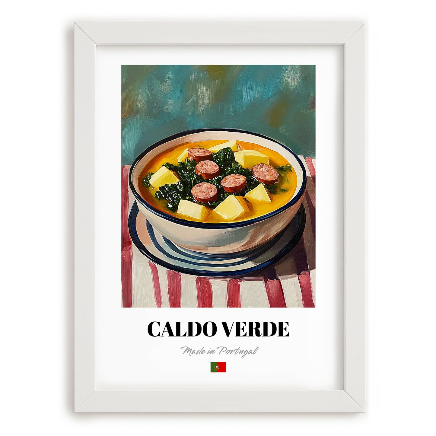 Caldo Verde – on Striped Tablecloth, Portuguese Food Painting, placed in minimal white frame