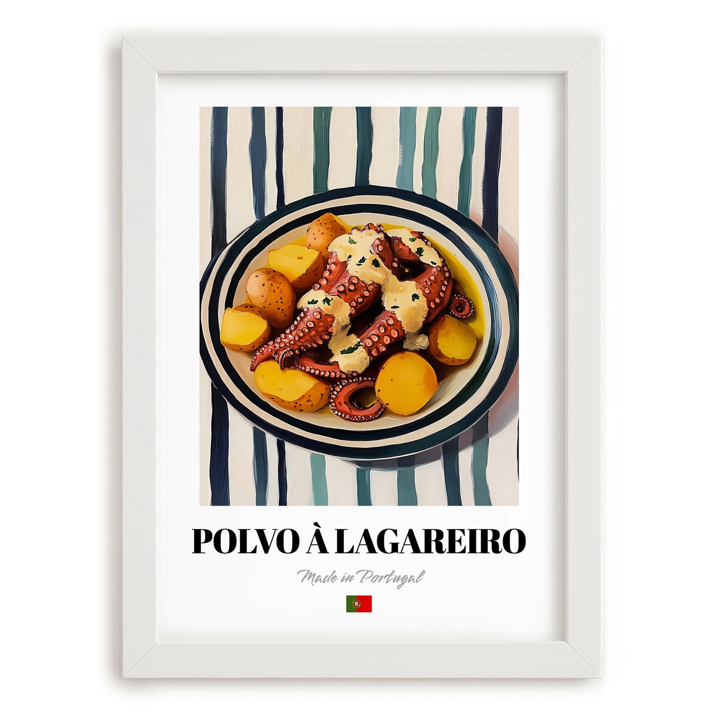 Polvo à Lagareiro – on Striped Tablecloth, Portuguese Food Still Life, placed in minimal white frame