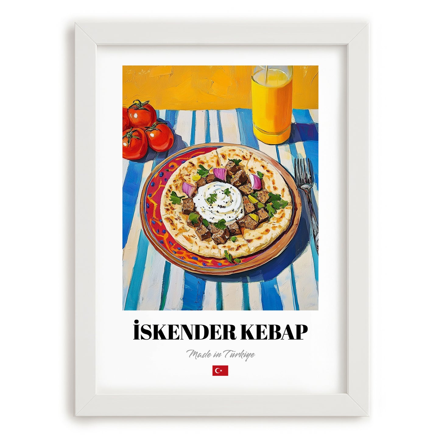 İskender Kebap – Oil Painting, Turkish Food Illustration, placed in minimal white frame