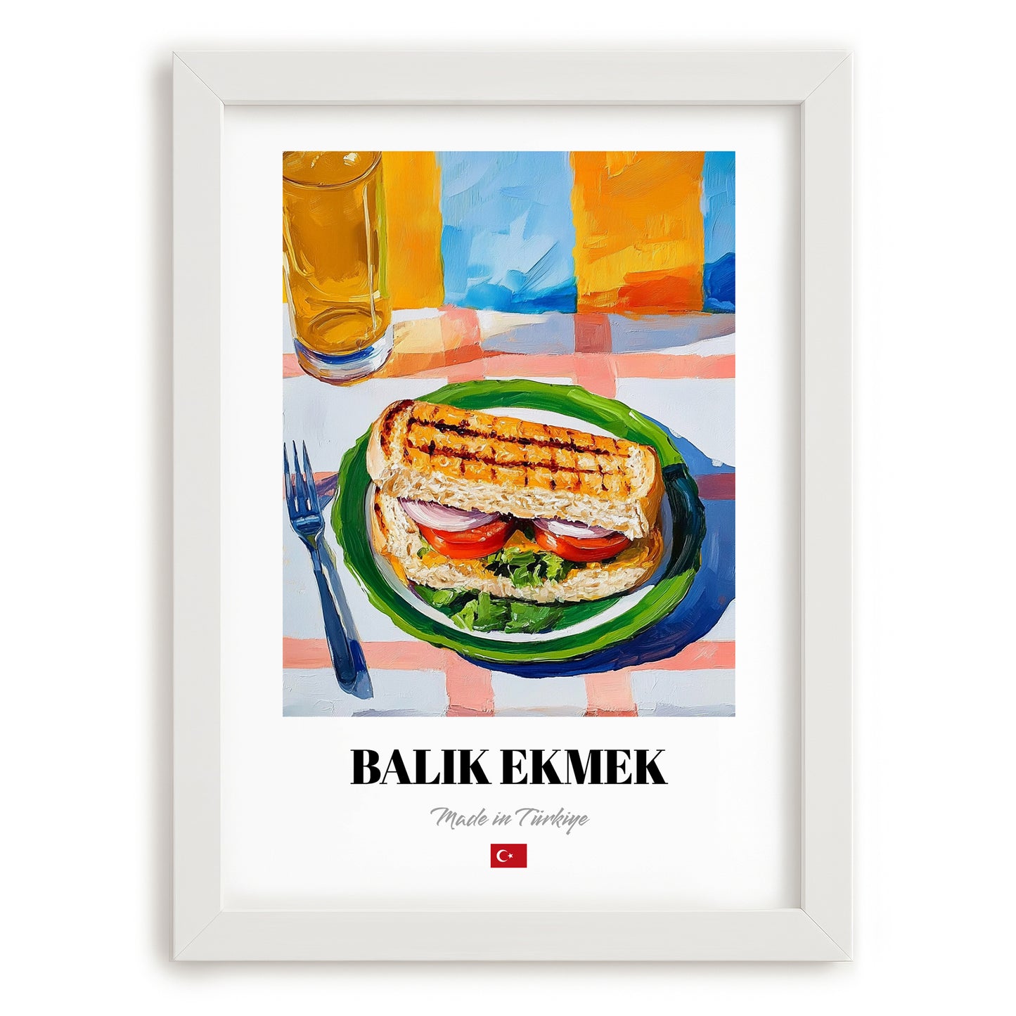 Balık Ekmek – Oil Painting, Turkish Food Illustration, placed in minimal white frame