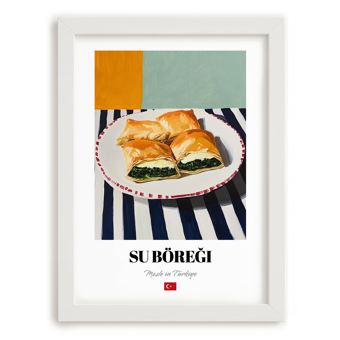 Su Böreği – on Striped Tablecloth, Turkish Pastry Poster, placed in minimal white frame