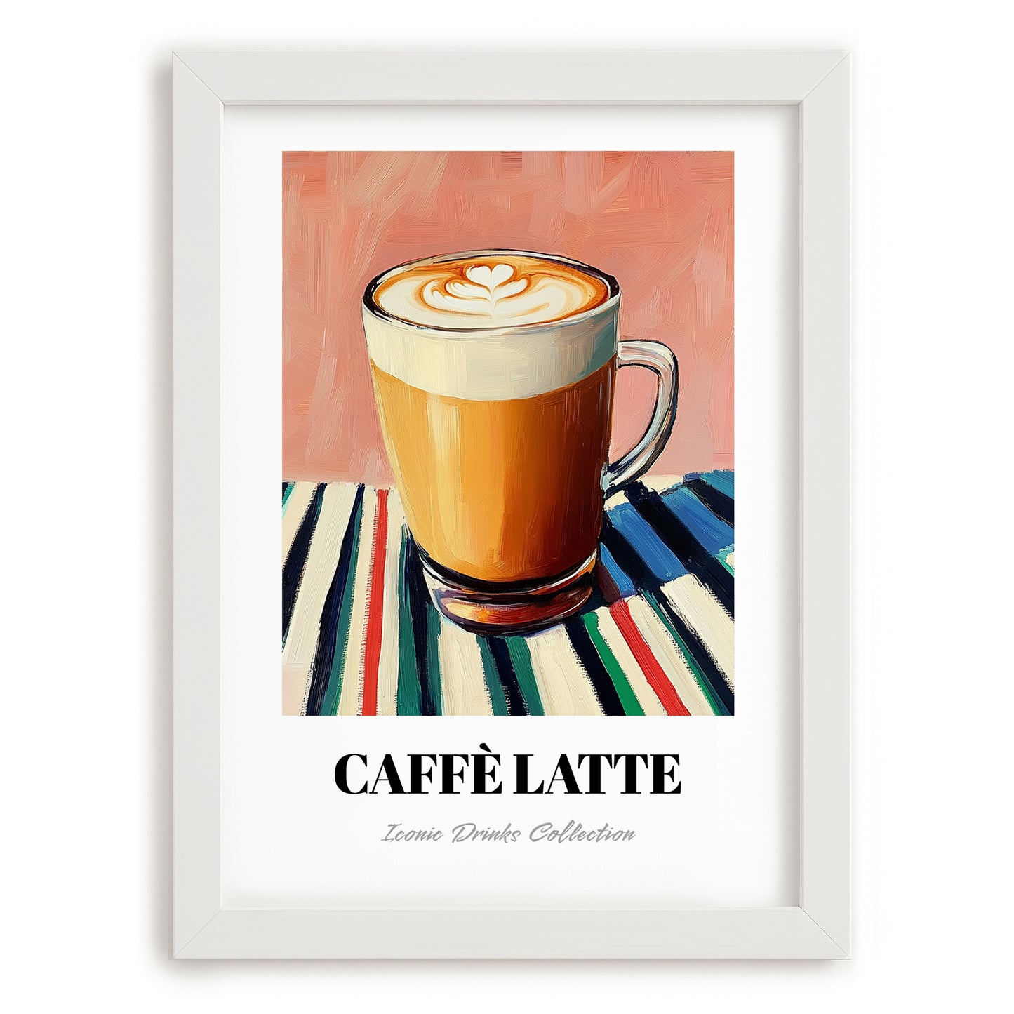 Caffè Latte – on Striped Tablecloth, Italian Coffee Wall Decor, placed in minimal white frame