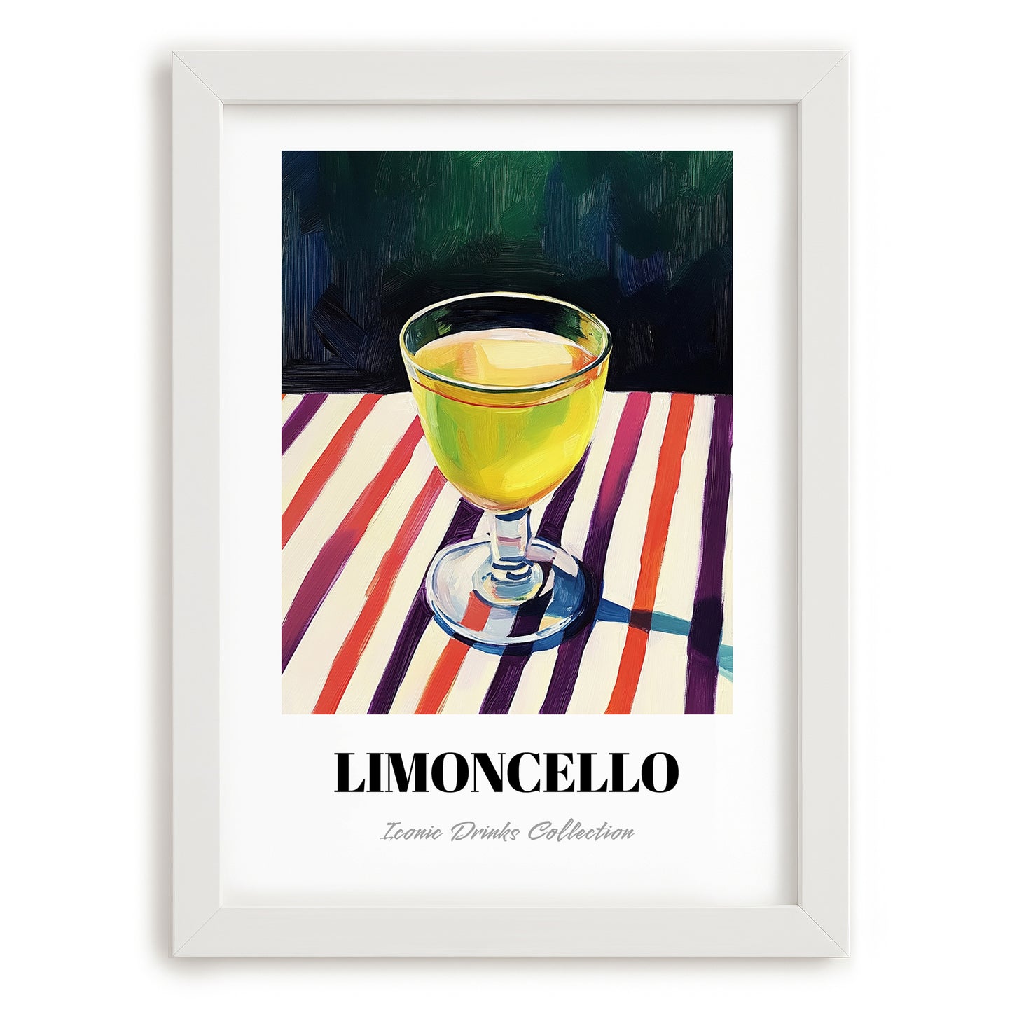 Limoncello – on Striped Tablecloth, Italian Spirit Wall Decor, placed in minimal white frame