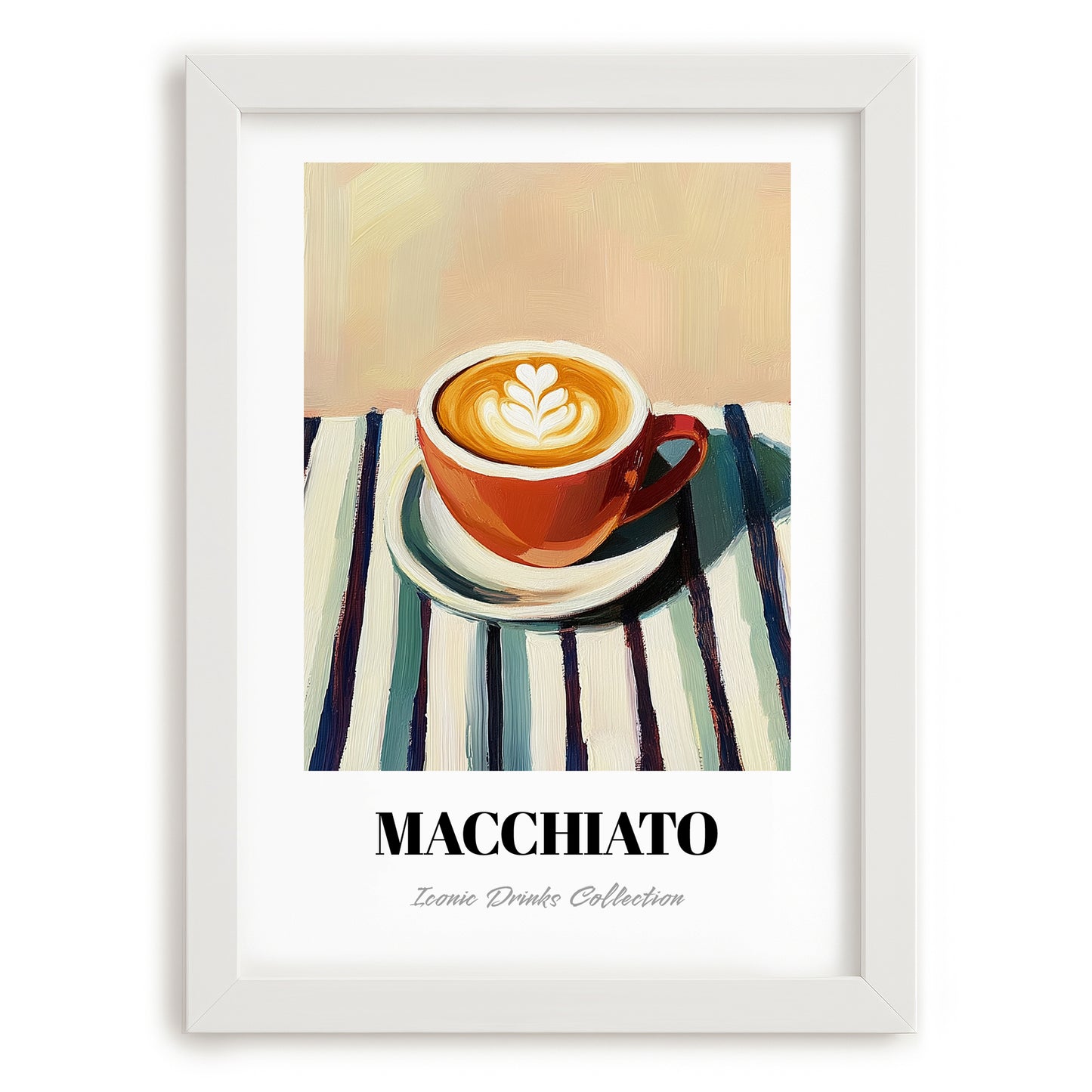 Macchiato – on Striped Tablecloth, Italian Coffee Print, placed in minimal white frame