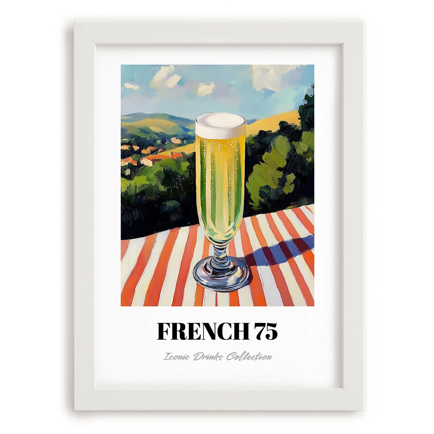 French 75 – French Hilltop Table Scene, French Cocktail Wall Decor, placed in minimal white frame