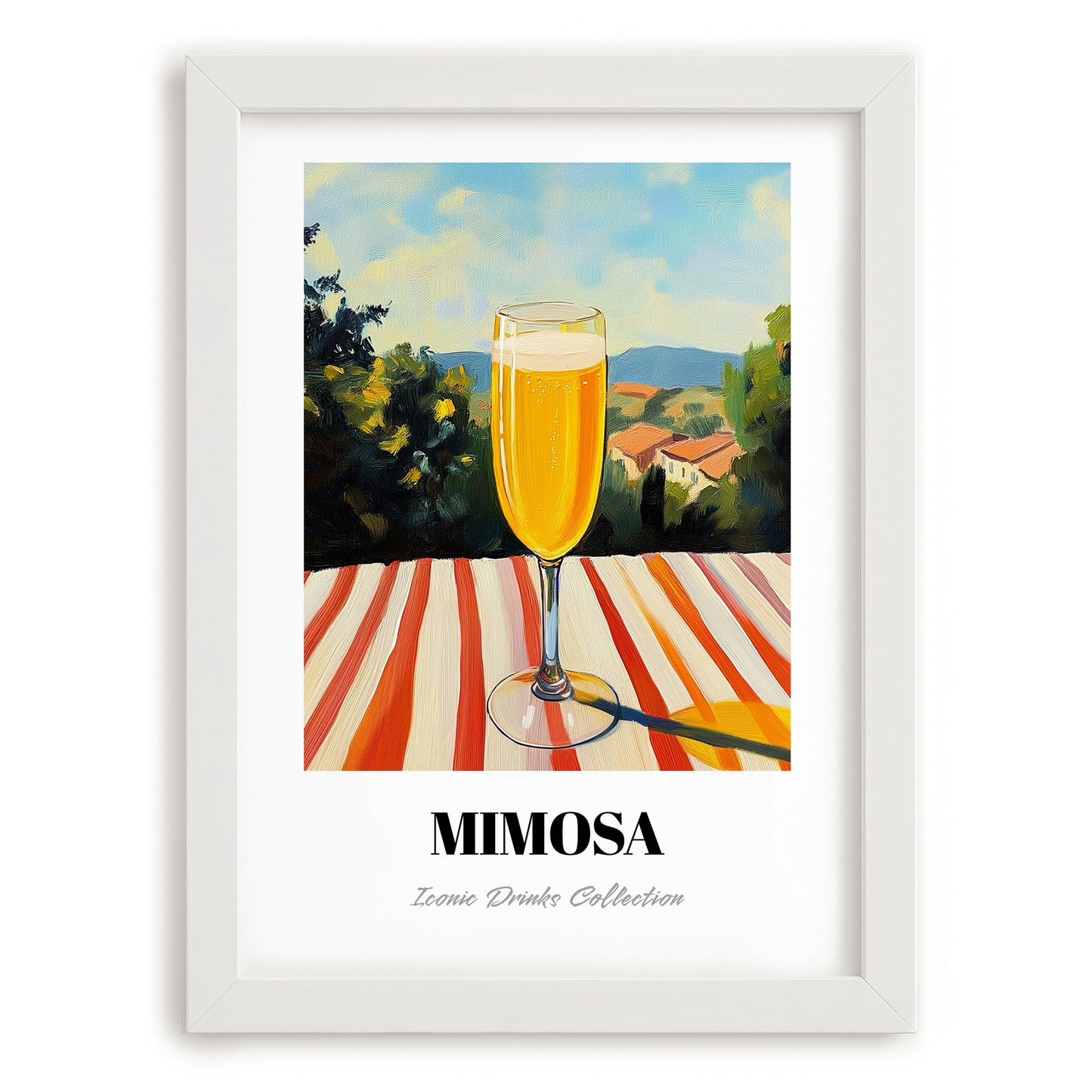 Mimosa – French Seaside Scene, French Cocktail Art, placed in minimal white frame