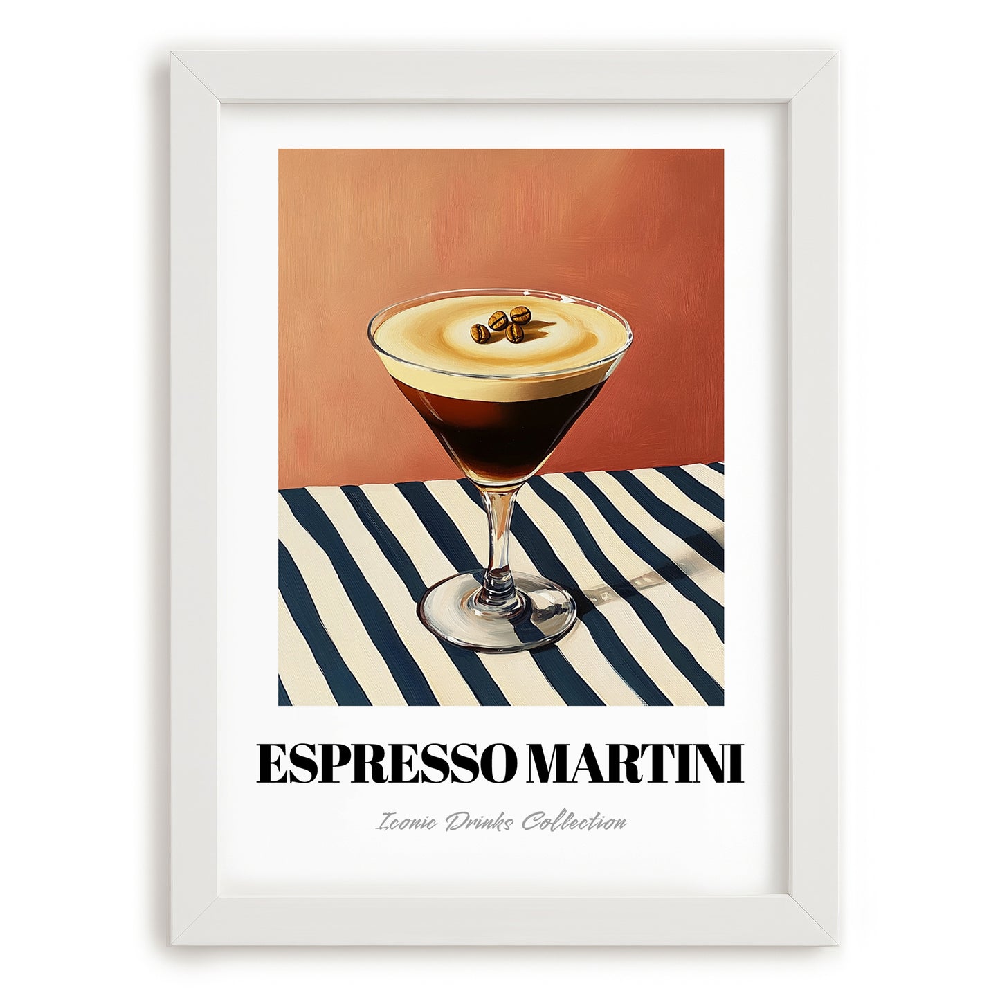 Espresso Martini – on Striped Tablecloth, French Cocktail Wall Decor, placed in minimal white frame