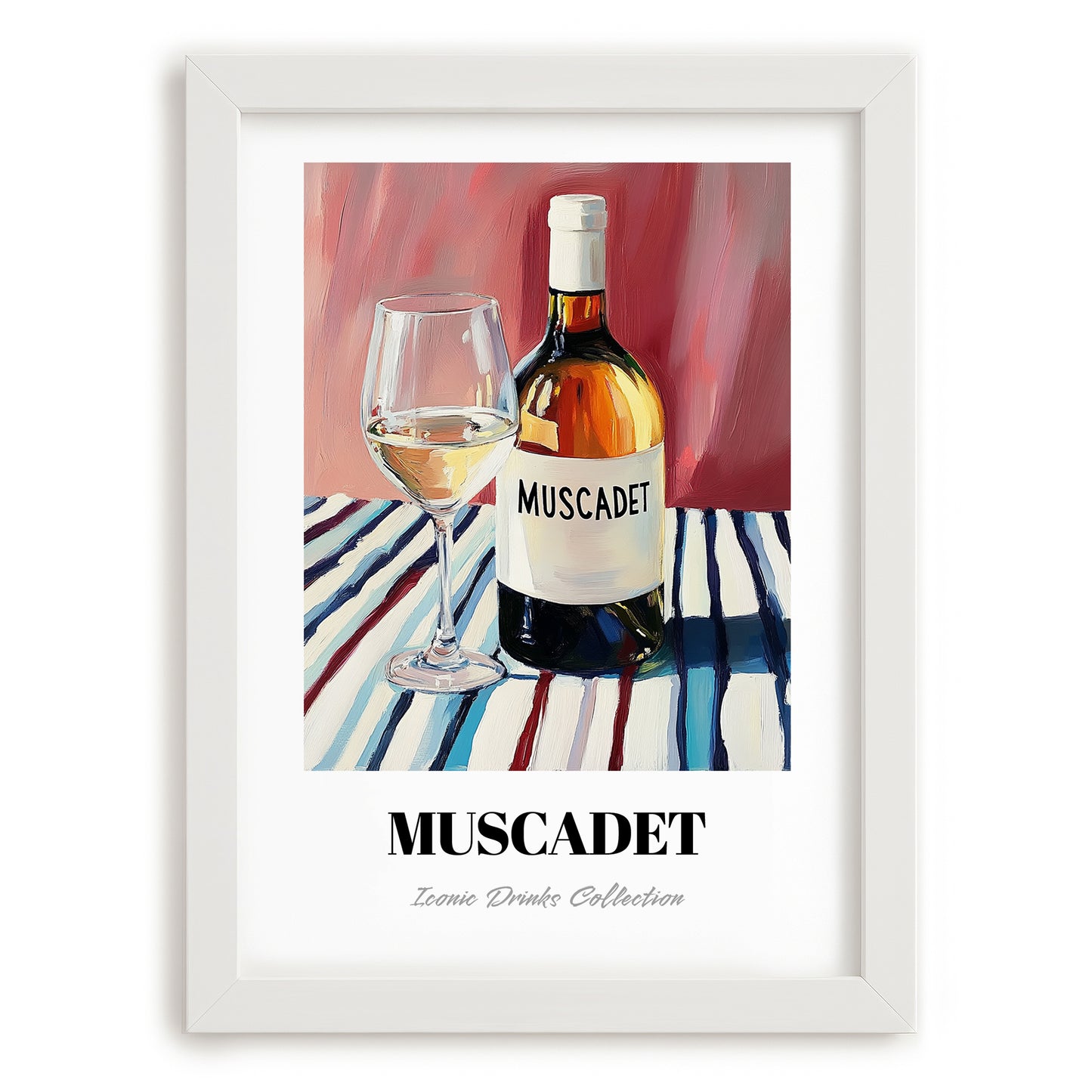 Muscadet – on Striped Tablecloth, French Wine Poster, placed in minimal white frame