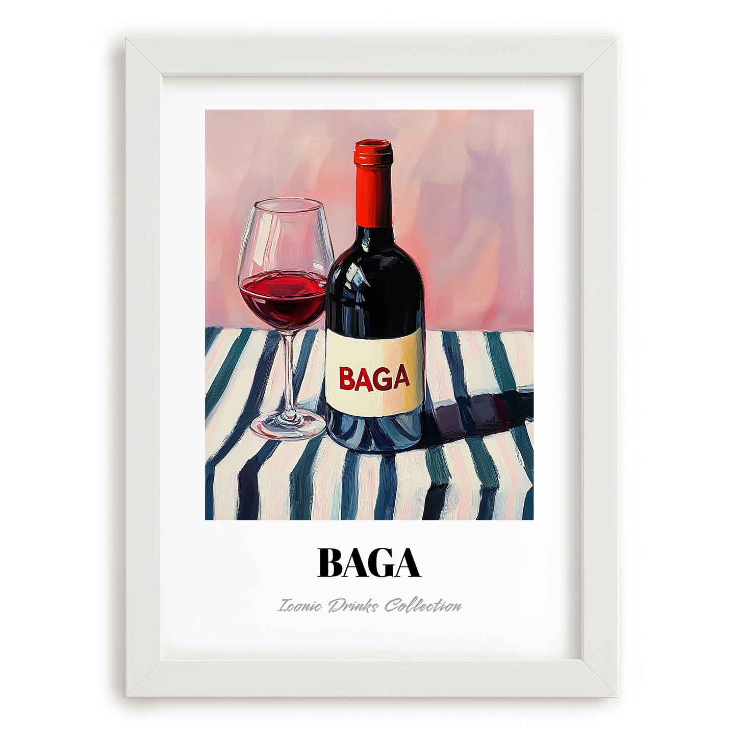 Baga – on Striped Tablecloth, Portuguese Wine Illustration, placed in minimal white frame