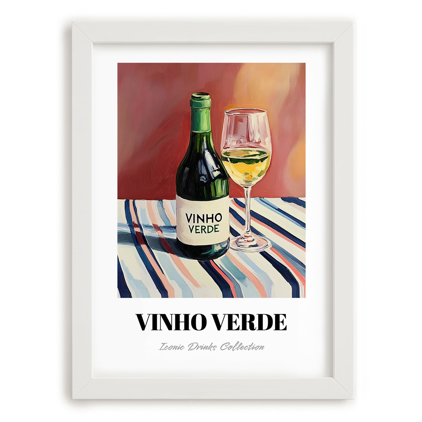 Vinho Verde – on Striped Tablecloth, Portuguese Wine Poster, placed in minimal white frame