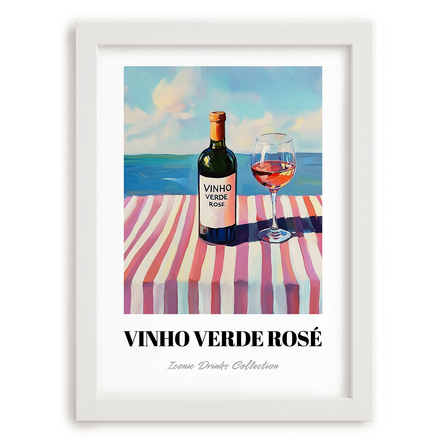 Vinho Verde Rosé – Portuguese Coastal Café Moment, Portuguese Wine Illustration, placed in minimal white frame