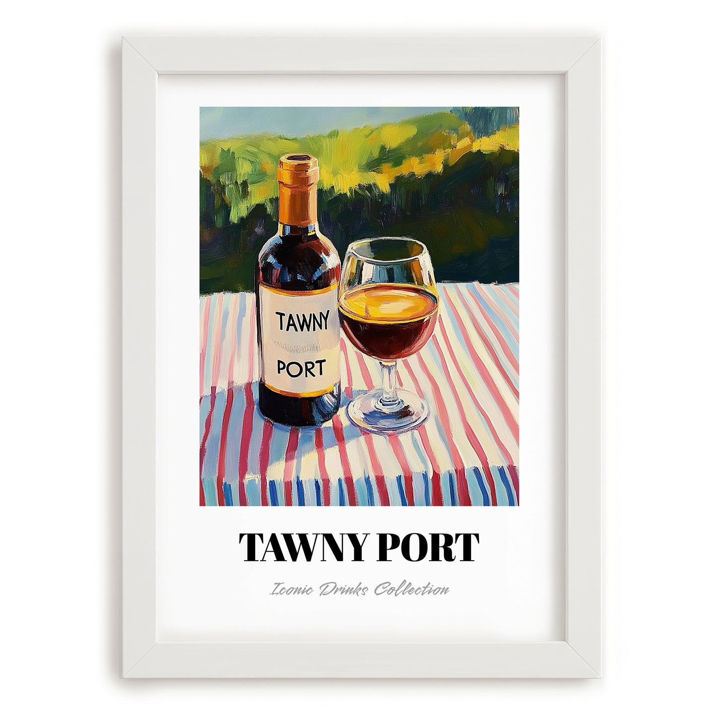 Tawny Port – Portuguese Hilltop Café Scene, Portuguese Dessert Wine Wall Decor, placed in minimal white frame