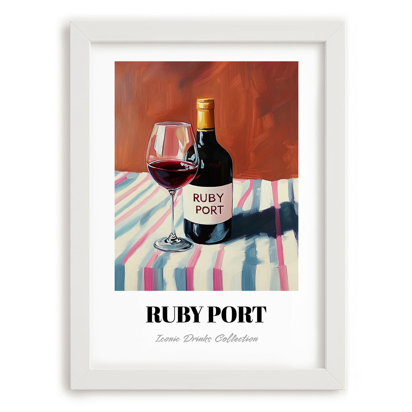 Ruby Port – on Striped Tablecloth, Portuguese Dessert Wine Wall Art, placed in minimal white frame