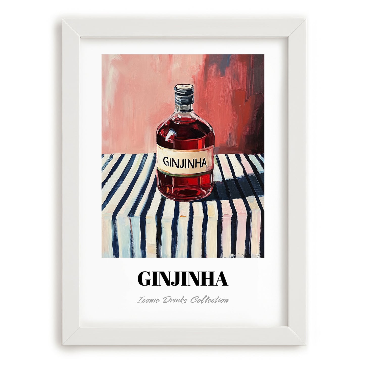 Ginjinha – on Striped Tablecloth, Portuguese Spirit Illustration, placed in minimal white frame