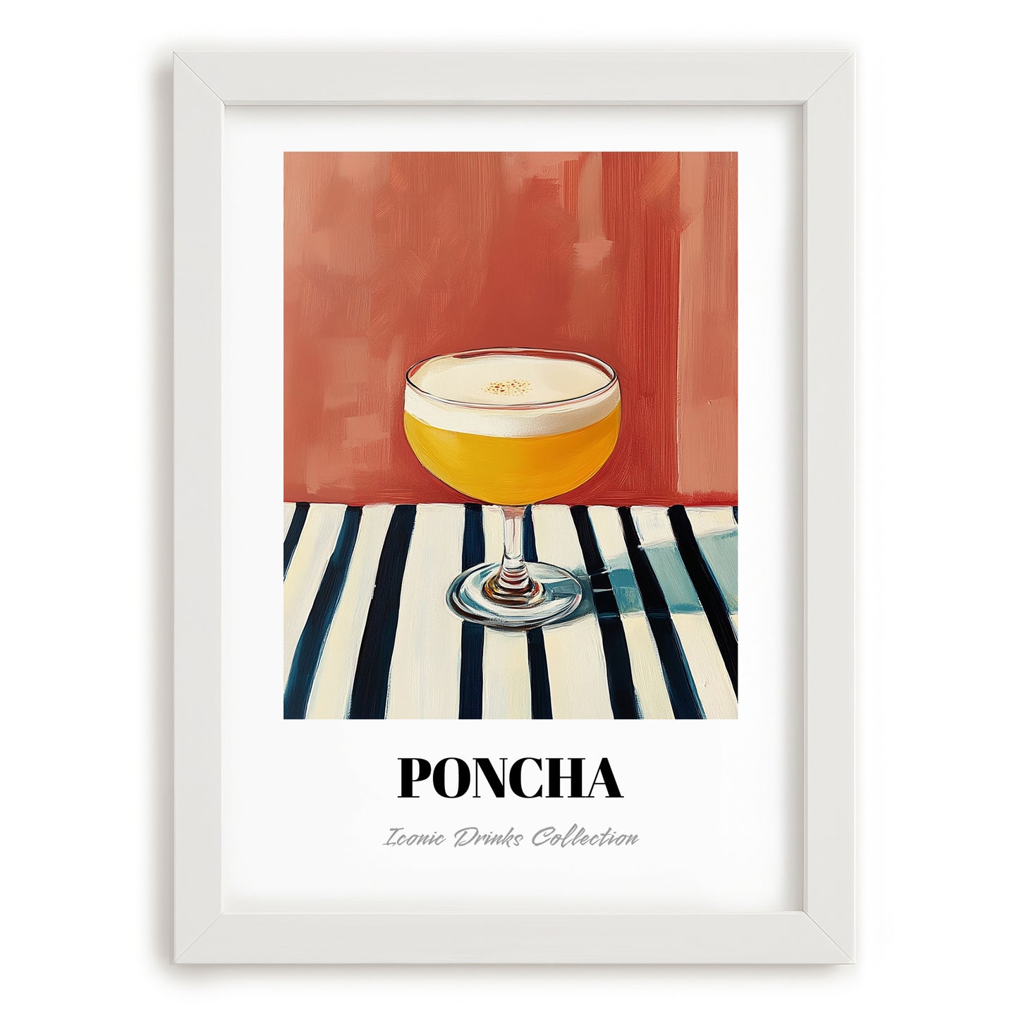 Poncha – on Striped Tablecloth, Portuguese Cocktail Poster, placed in minimal white frame