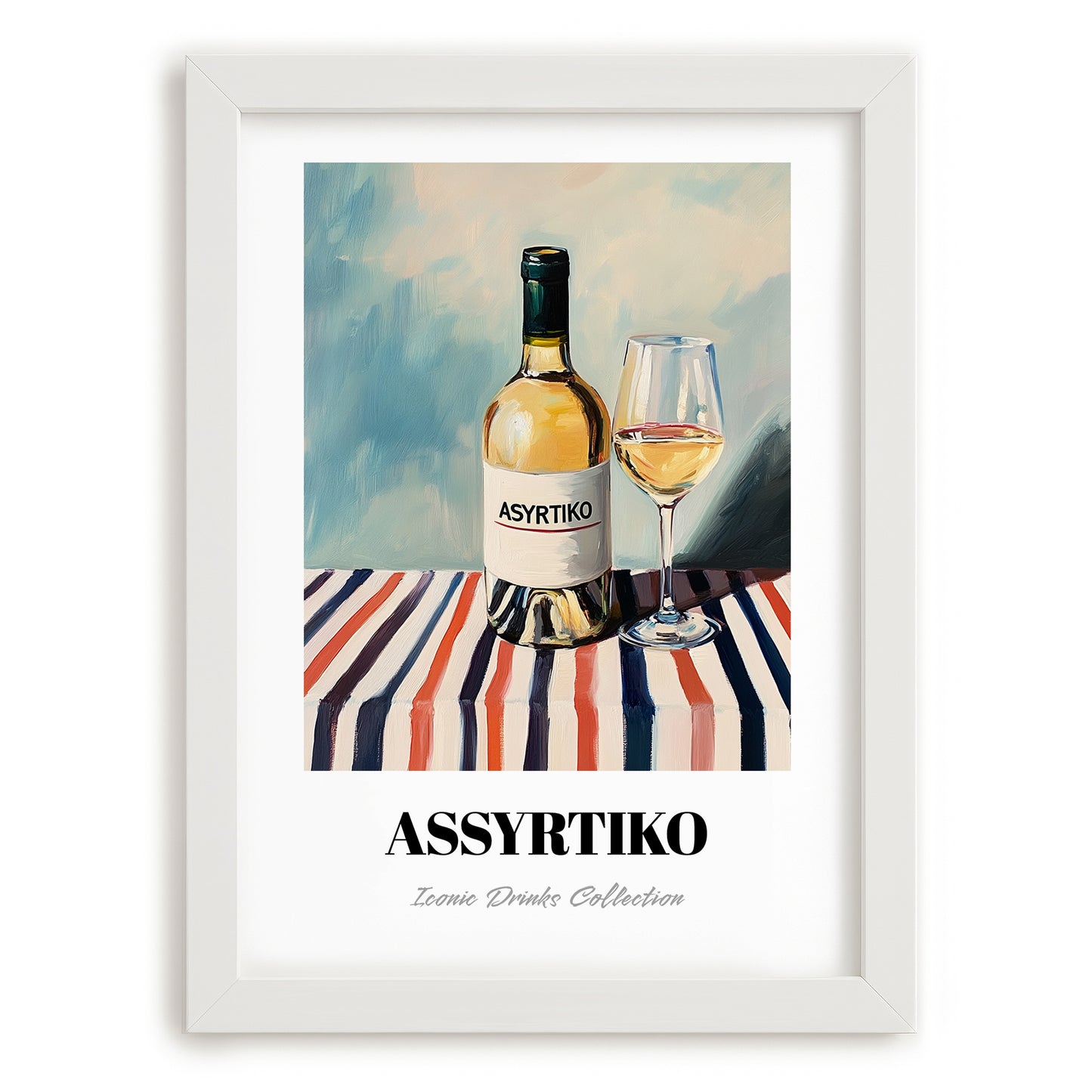 Assyrtiko – on Striped Tablecloth, Greek Wine Painting, placed in minimal white frame