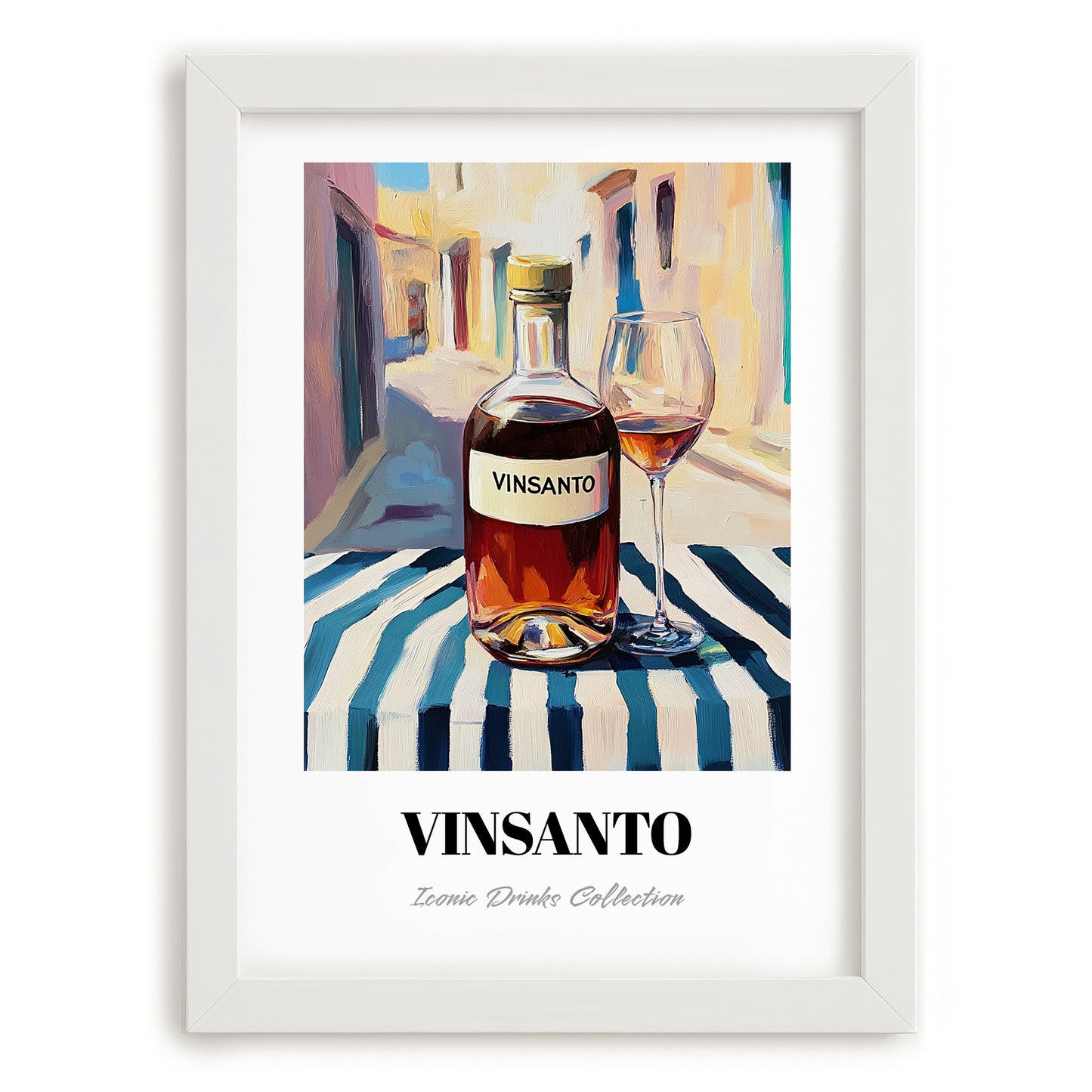 Vinsanto – Greek Urban Café Scene, Greek Wine Poster, placed in minimal white frame