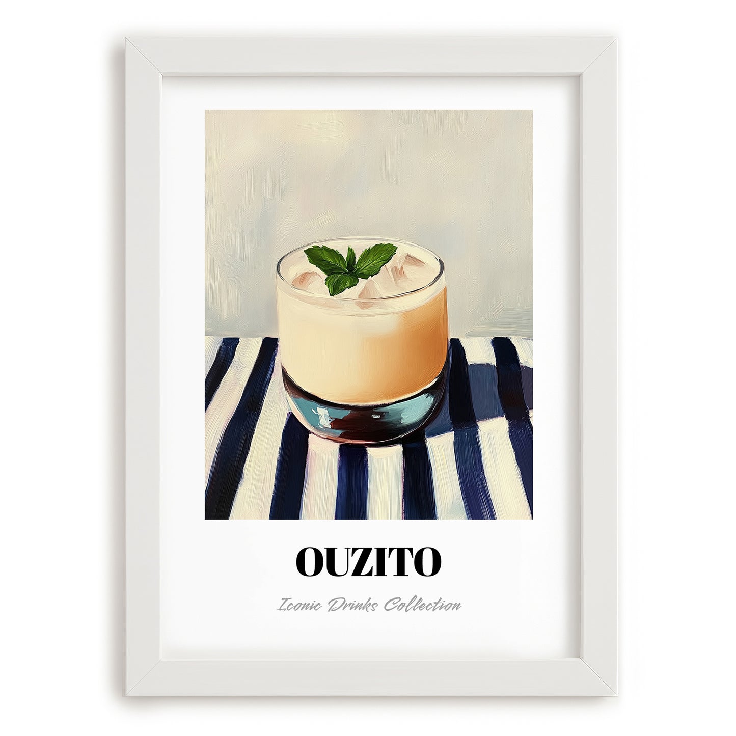 Ouzito – on Striped Tablecloth, Greek Cocktail Wall Decor, placed in minimal white frame