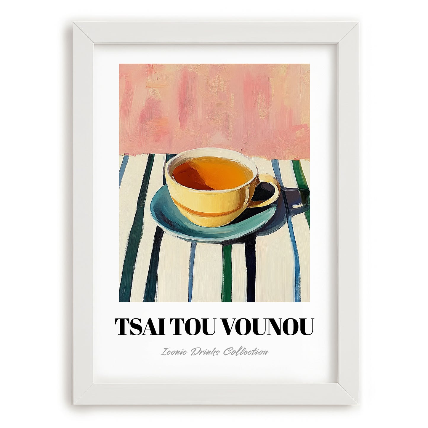 Tsai Tou Vounou Beverage – on Striped Tablecloth, Greek Beverage Still Life, placed in minimal white frame