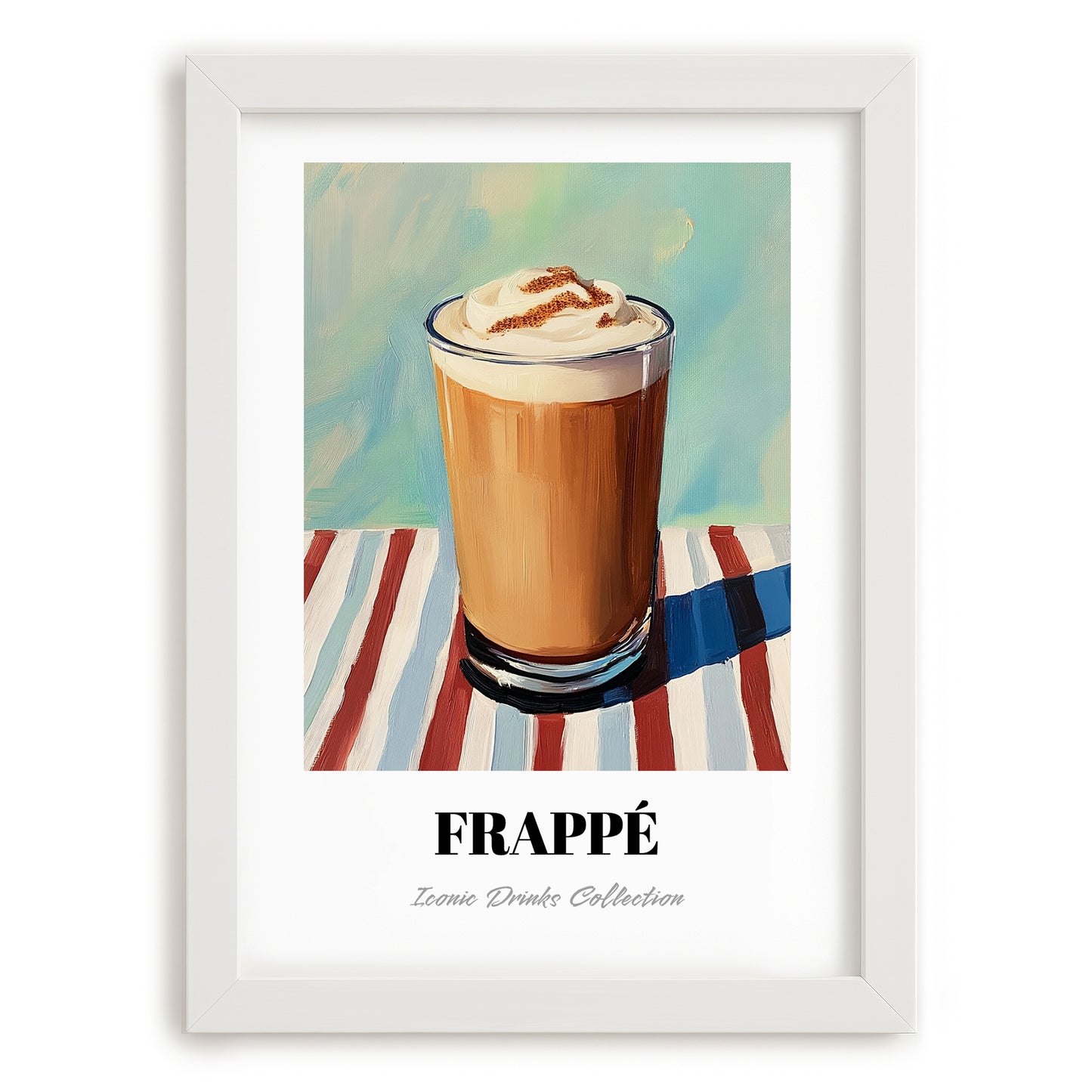 Frappé – on Striped Tablecloth, Greek Coffee Poster, placed in minimal white frame