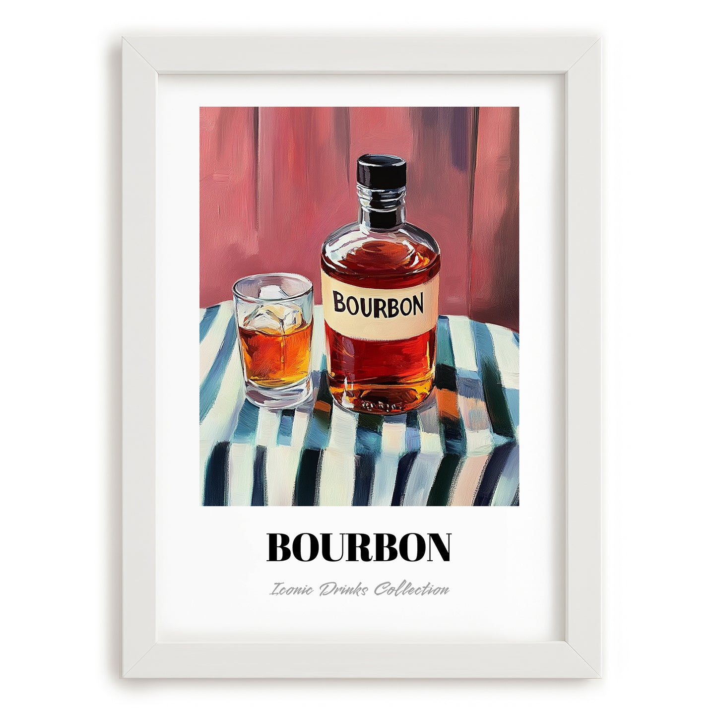 Bourbon – on Striped Tablecloth, American Whiskey Print, placed in minimal white frame